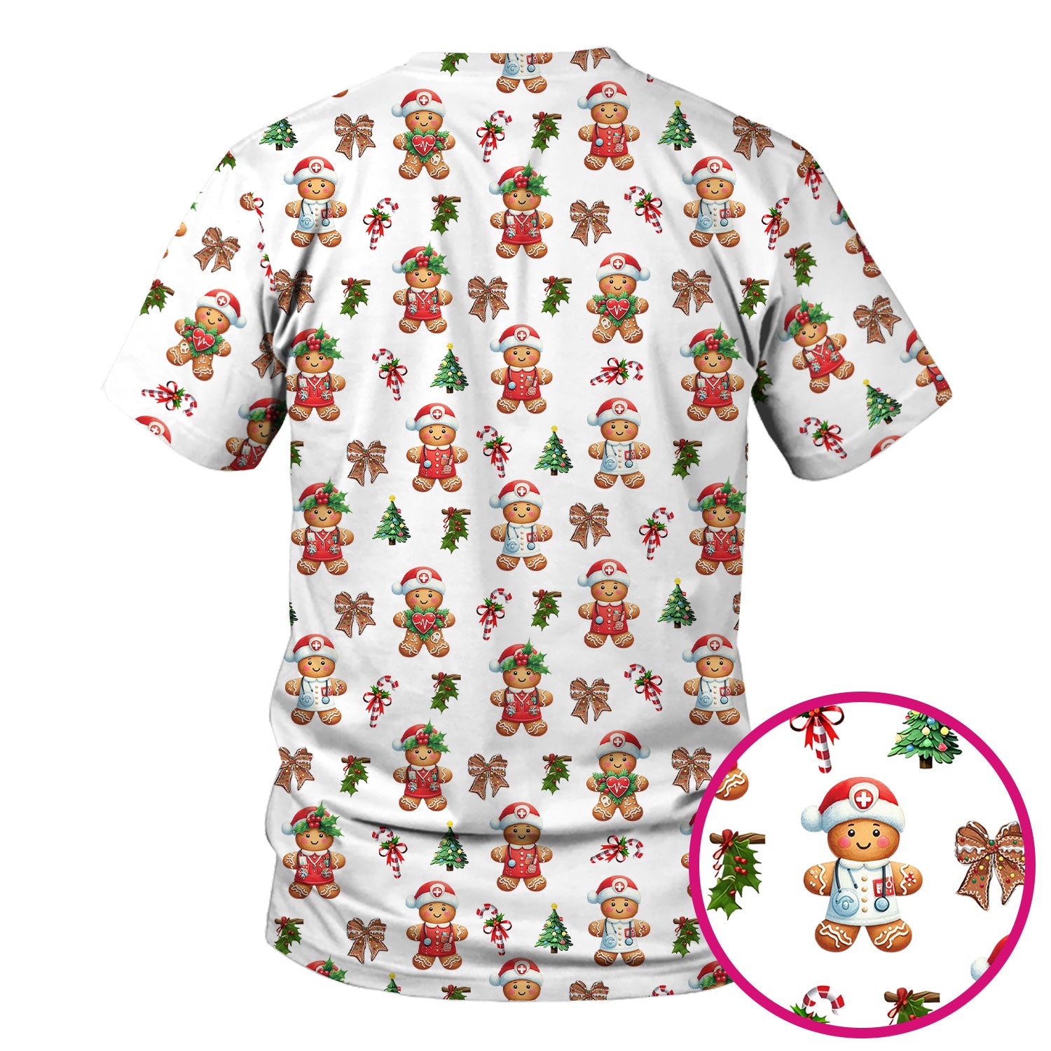 Funny Christmas Scrub Top for Nurse - Adorable Gingerbread Candy Cane Bow- Festive Medical Uniform for Women