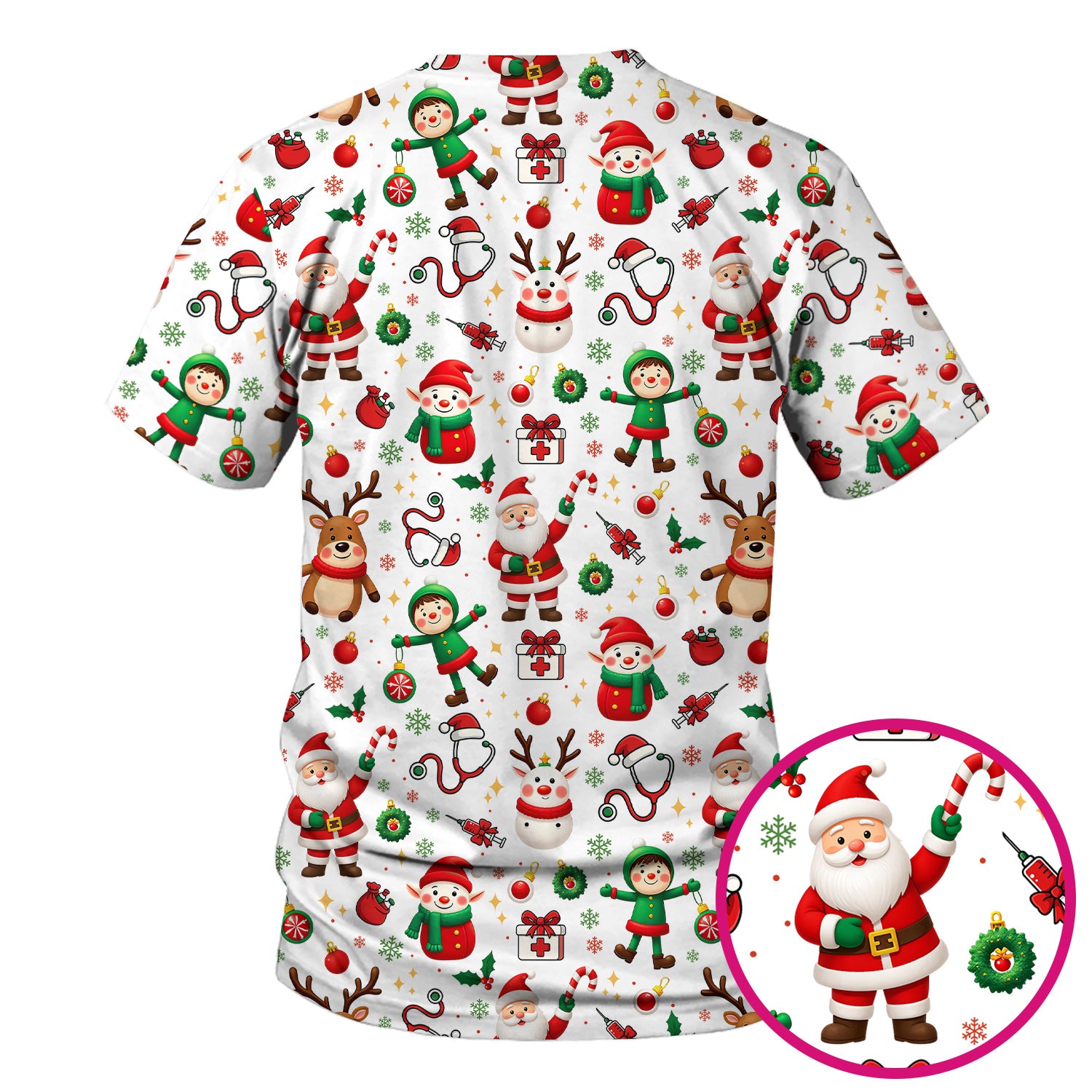 Santa Christmas Scrub Top - Cute Holiday Nurse Medical Shirt - Festive Reindeer Med Uniform for Women RN CNA LPN