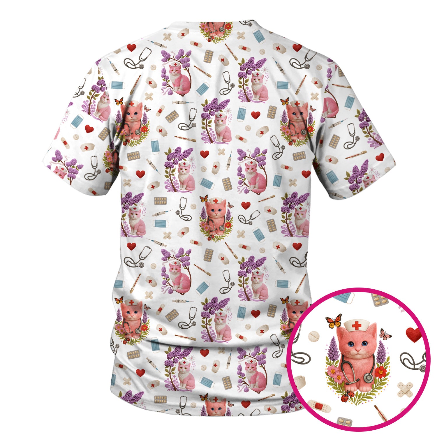 Pink Cat Print Medical Scrub Top - Cute Nurse Shirt for Women - Funny Pattern Gift for RN LPN CNA Healthcare Workers