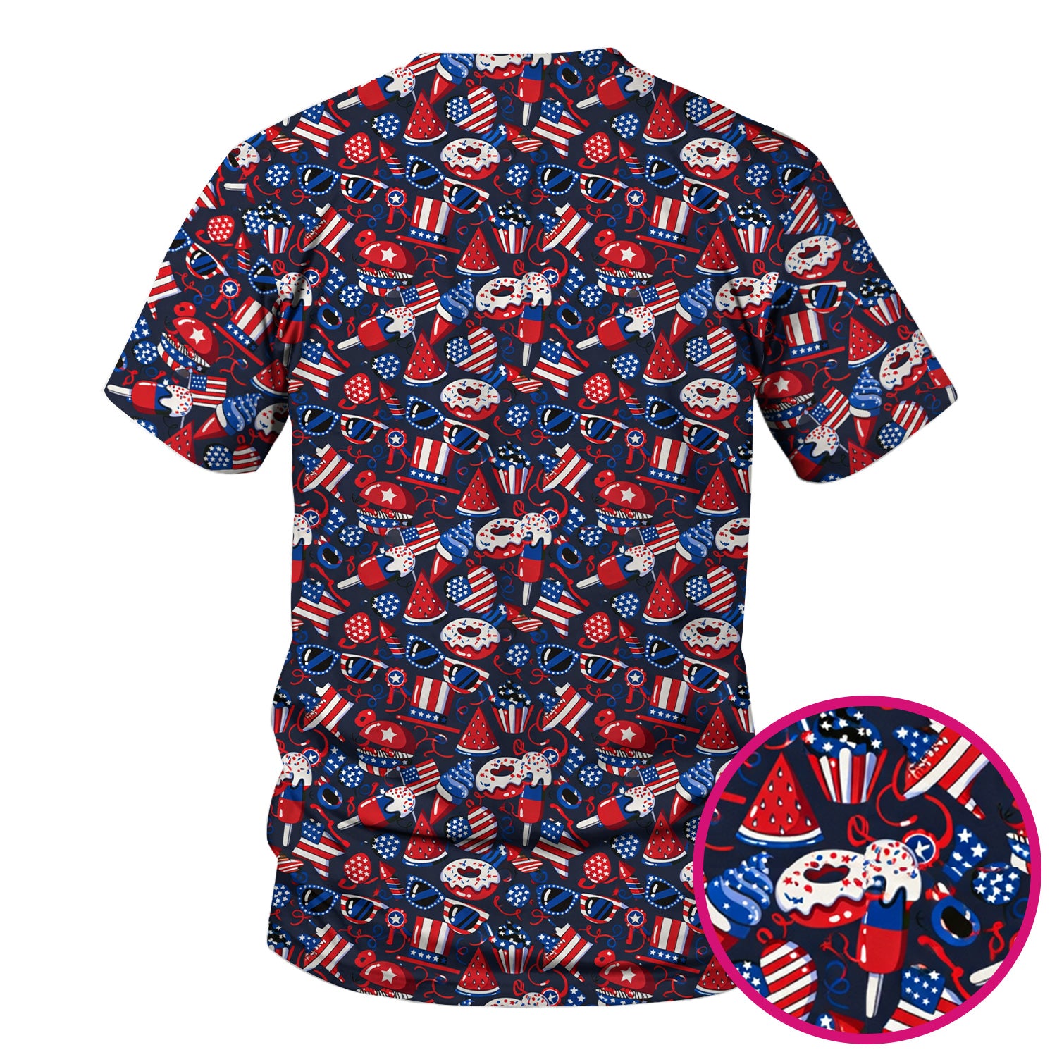 Cute Patriotic 4th of July Print V Neck Scrub Top for Nurses, Red Blue Medical Uniform