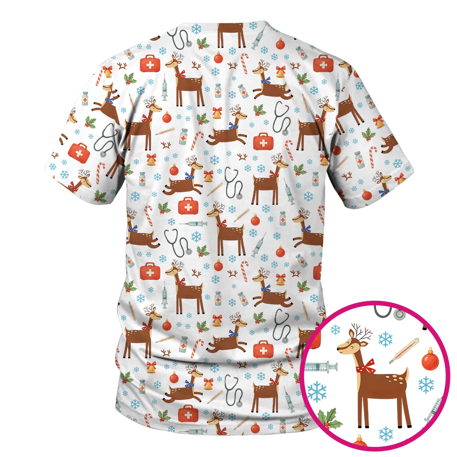 Christmas Reindeer Scrub Top for Nurses - Cute Reindeers Snowflakes Candy Canes Shirt - Comfortable Med Uniform