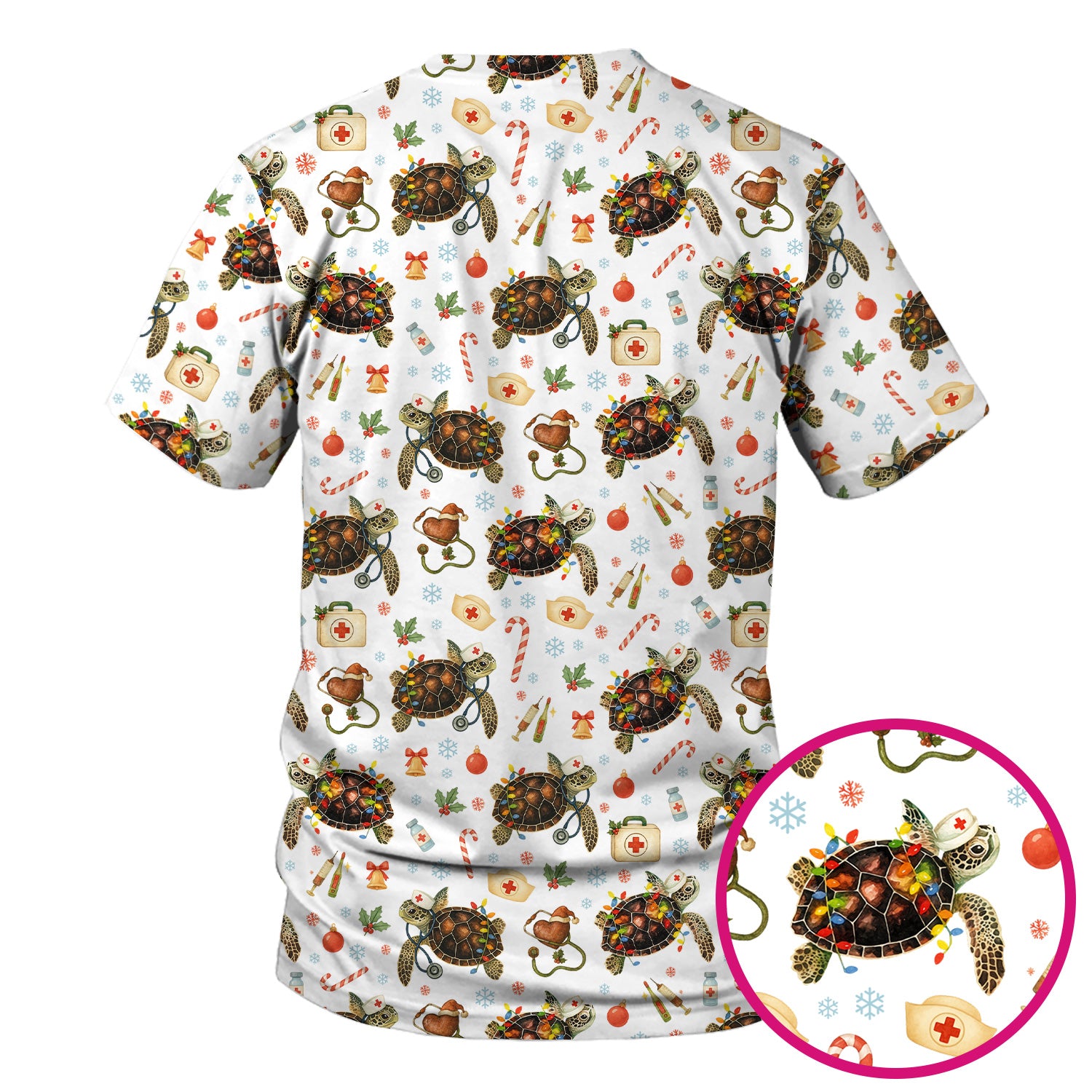 Funny Christmas Scrub Top - Sea Turtle with Xmas Lights Shirt - Holiday Nurse Scrubs for Women