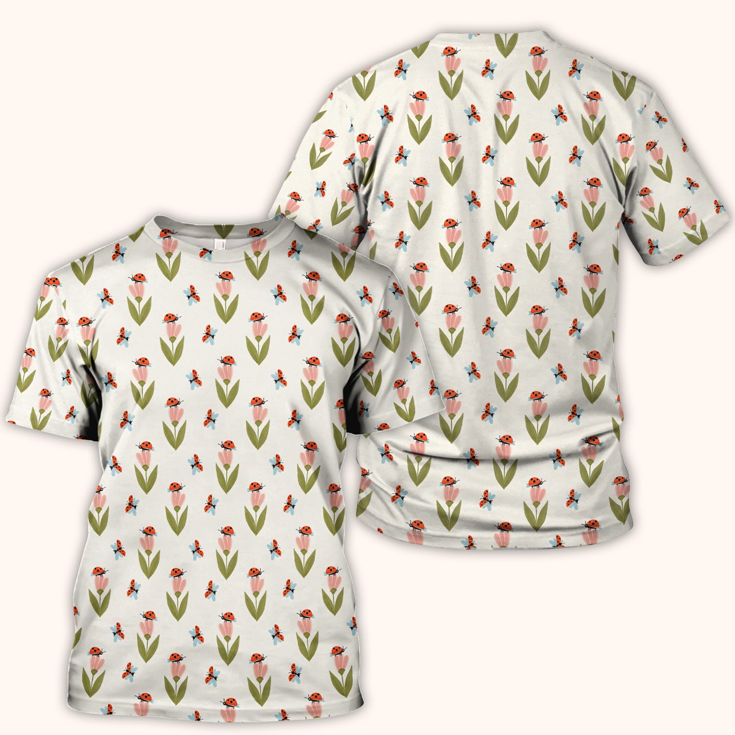 Cute Ladybug Tulip Floral Pattern Scrub Top, Comfortable Scrubs for Nurses