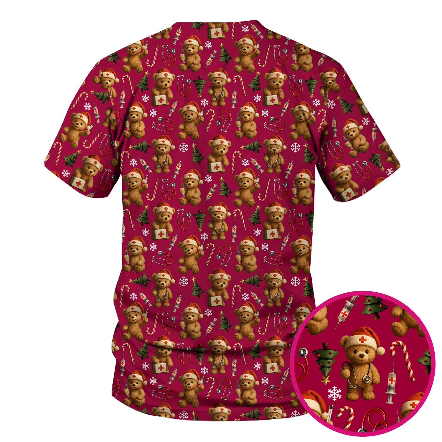Teddy Bear Christmas Scrubs for Women - Cute Nurse Bear Pattern Medical Scrub Top - Holiday Christmas Scrubs with Fun Festive Design