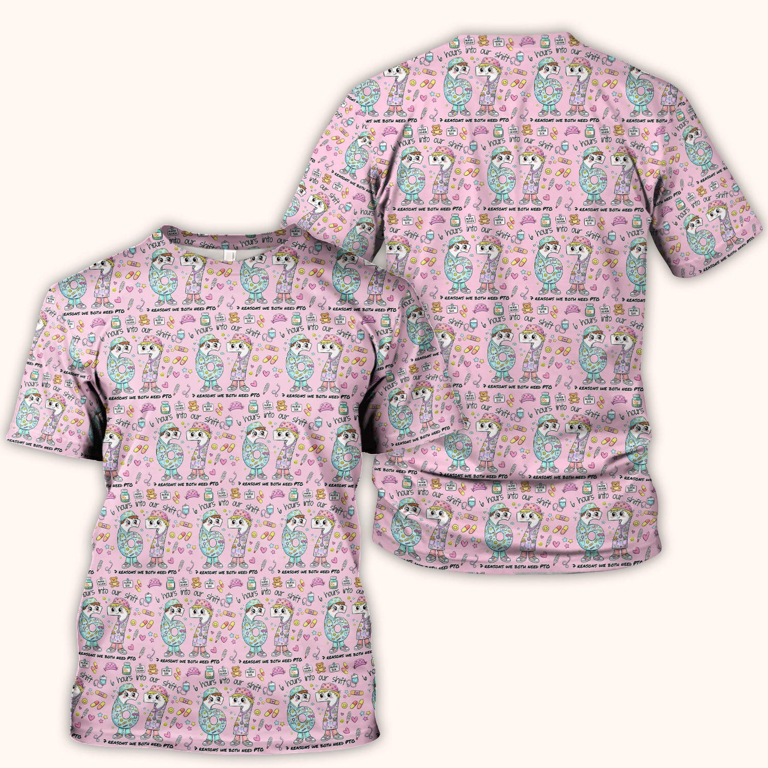 Cartoon Characters Six Hours Into Shift With Medical Doodle Scrub Top, Breathable Fabrics Nursing Uniform