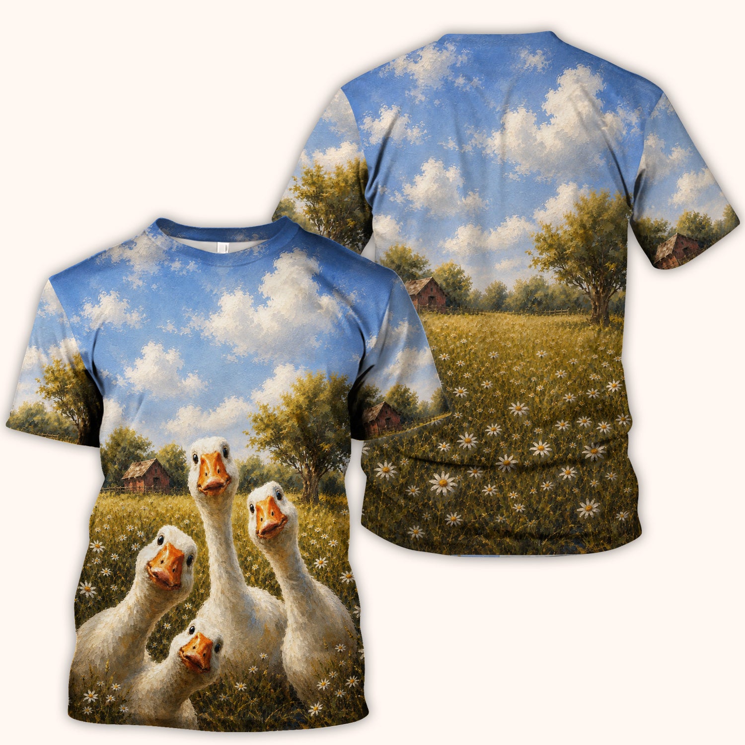 Cute Farmhouse Goose Meadow Pattern Scrub Top, Comfortable Scrubs for Nurses