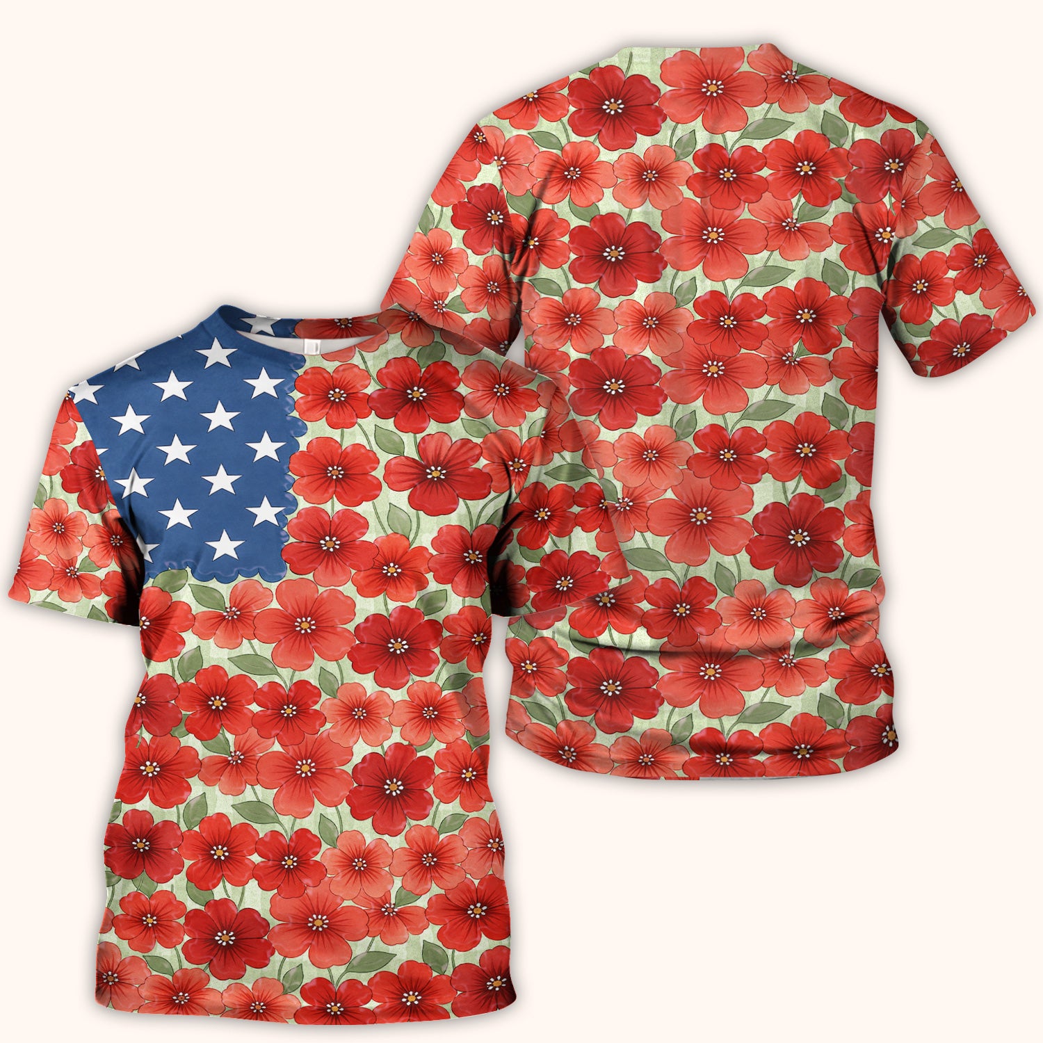 Patriotic USA Flag With Red Floral Blossom Pattern Scrub Top, Comfortable Scrubs for Nurses