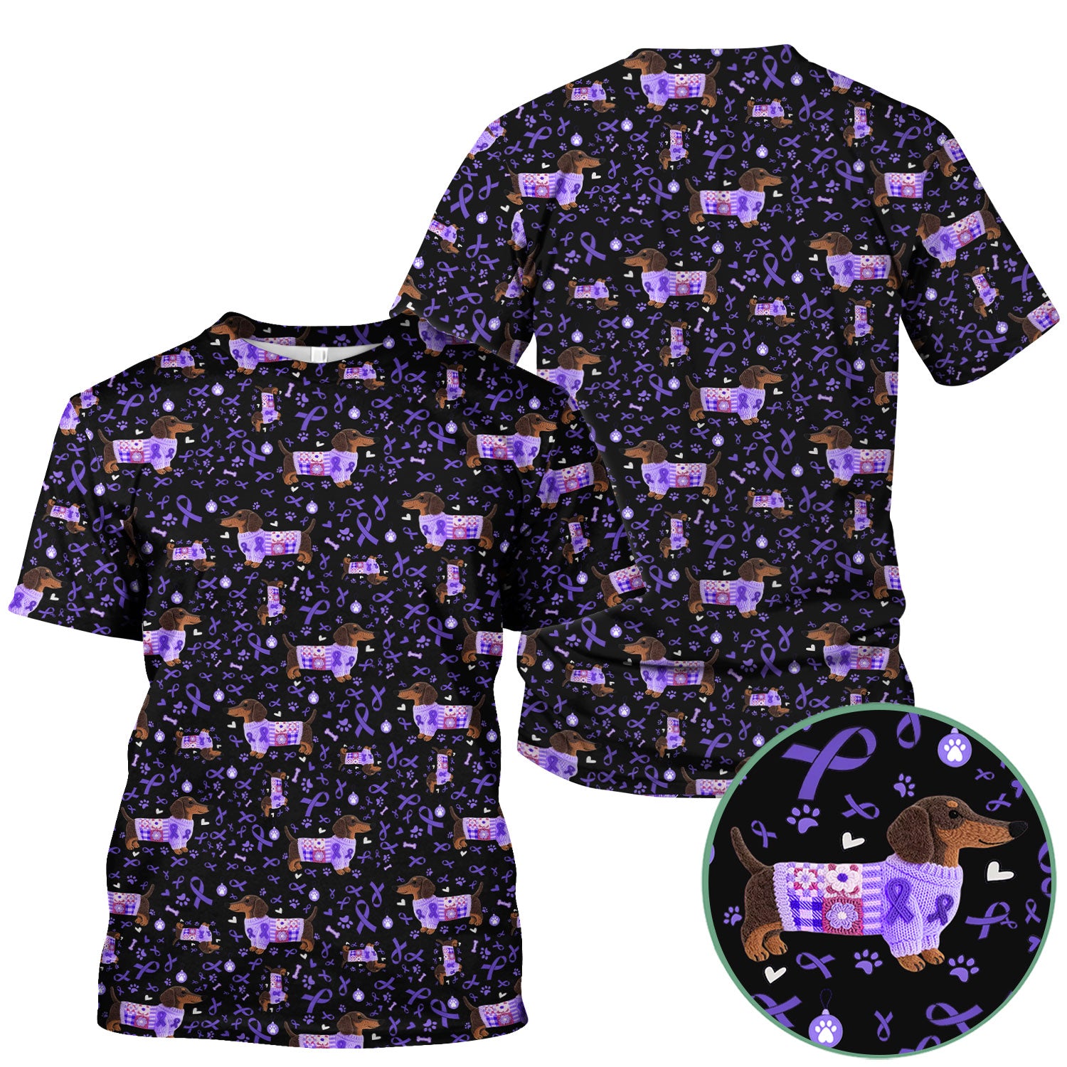 Purple Ribbon Dachshund Scrub Top for Nurses - Cute Awareness Dog Paw Prints - Support Lupus Cancer Med Uniform Gift for Women