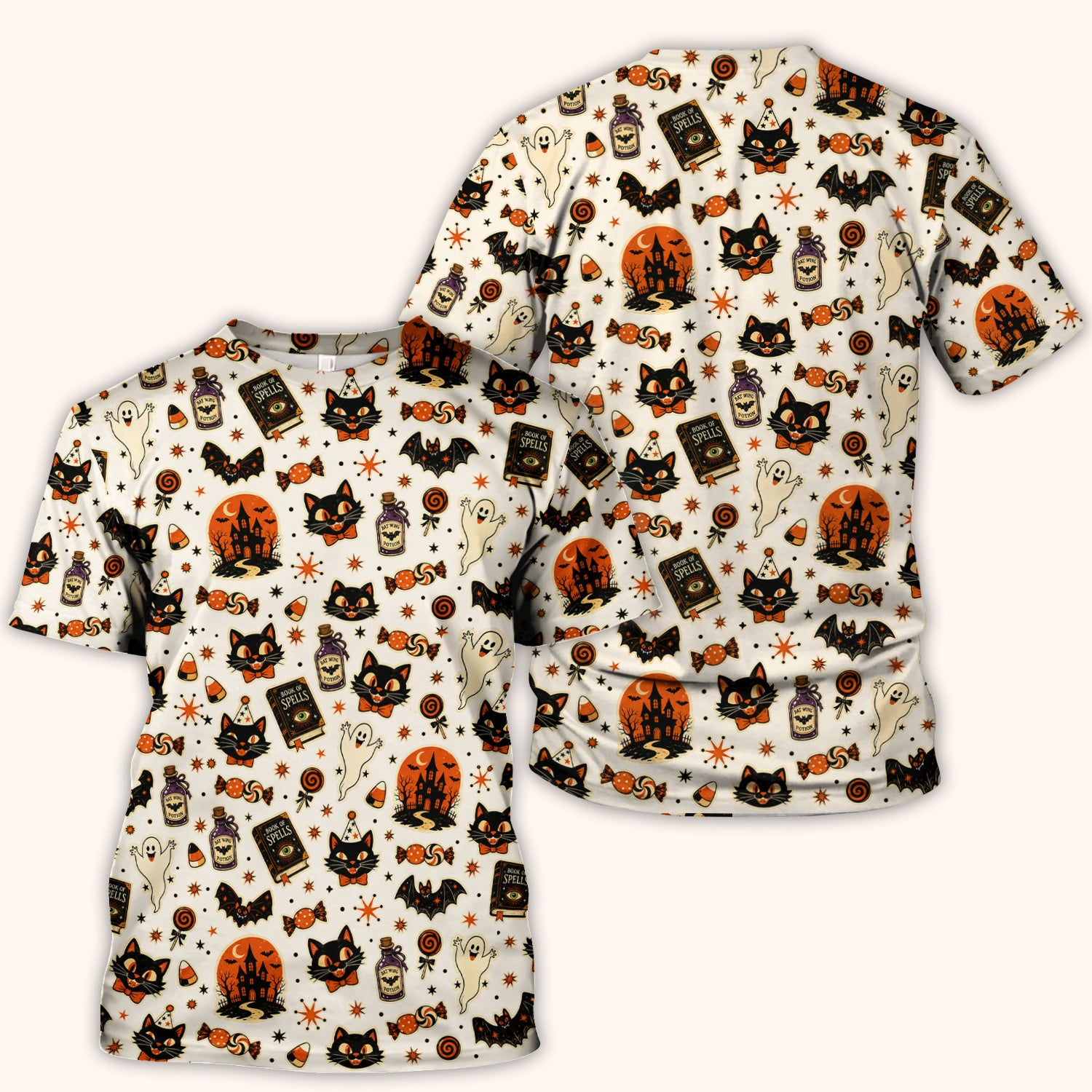 Halloween Black Cat with Ghost Candy Print Scrub Top, Comfortable Scrubs for Nurses