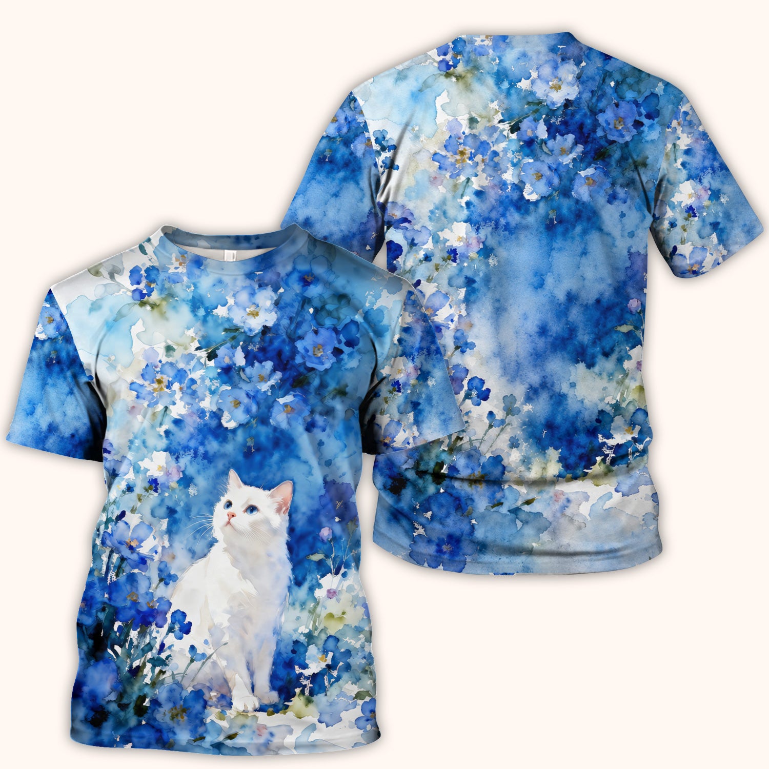 Adorable Blue Floral White Cat Pattern Scrub Top, Comfortable Scrubs for Nurses