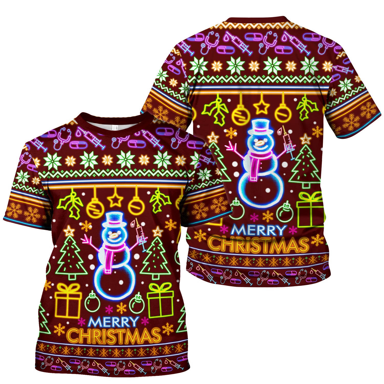 Neon Snowman Christmas Scrub Top for Nurses - Merry Christmas Holiday Lights Pattern - Funny Festive Medical Uniform for RN LPN CNA