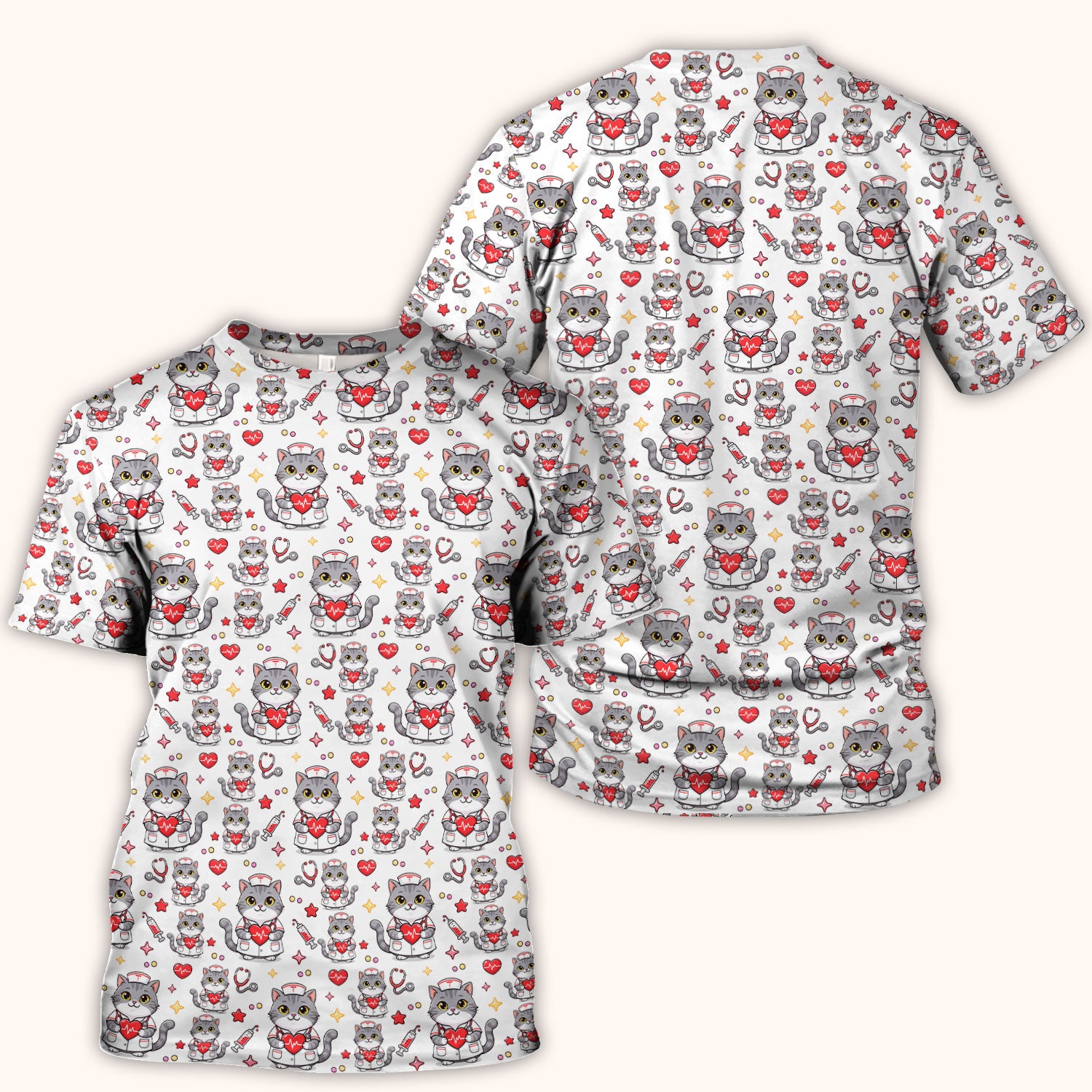 Cute Nurse Cat Heart Medical Print Scrub Top, Comfortable Scrubs for Nurses