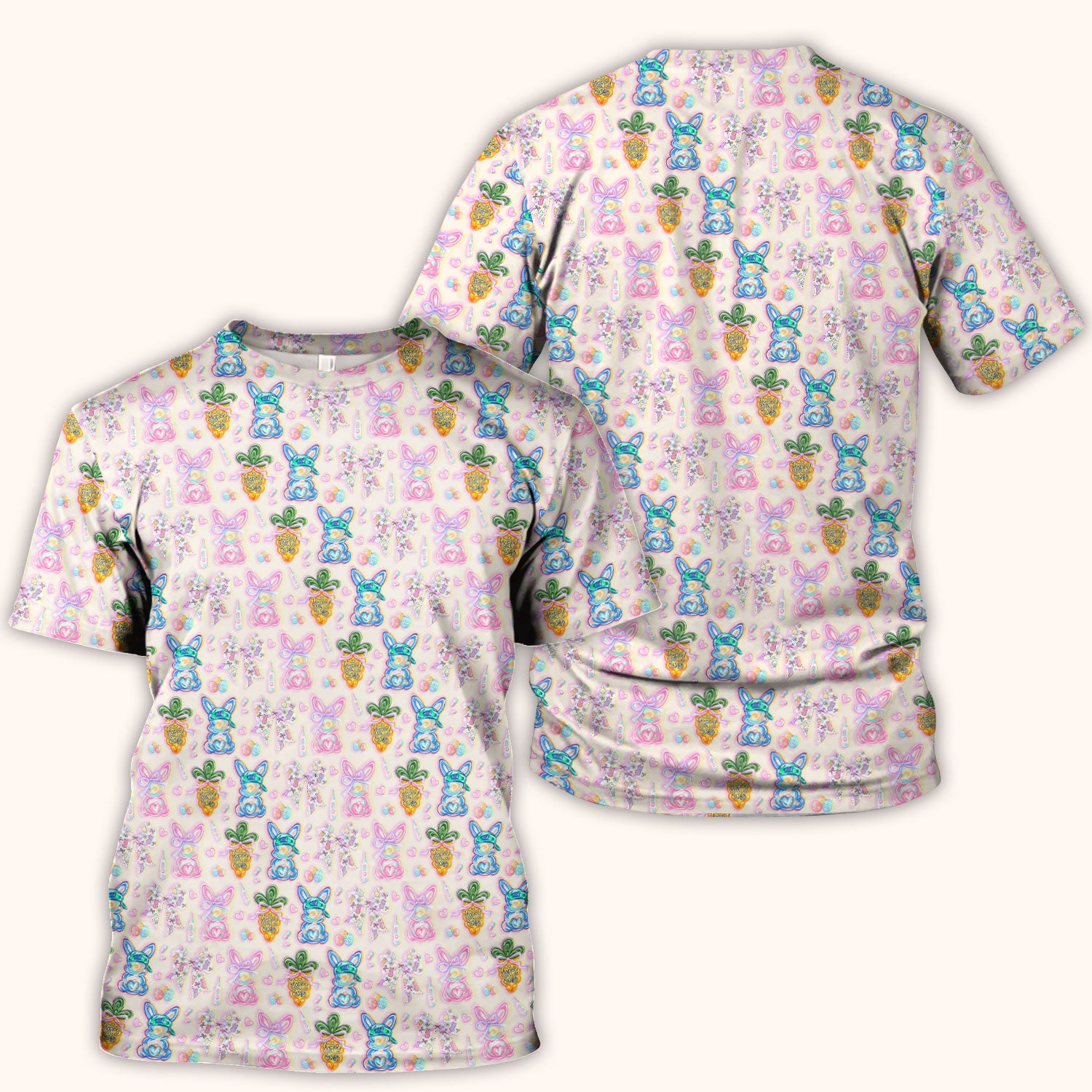 Easter Bunny Carrot Bow Floral Print Scrub Top, Comfortable Scrubs for Nurses