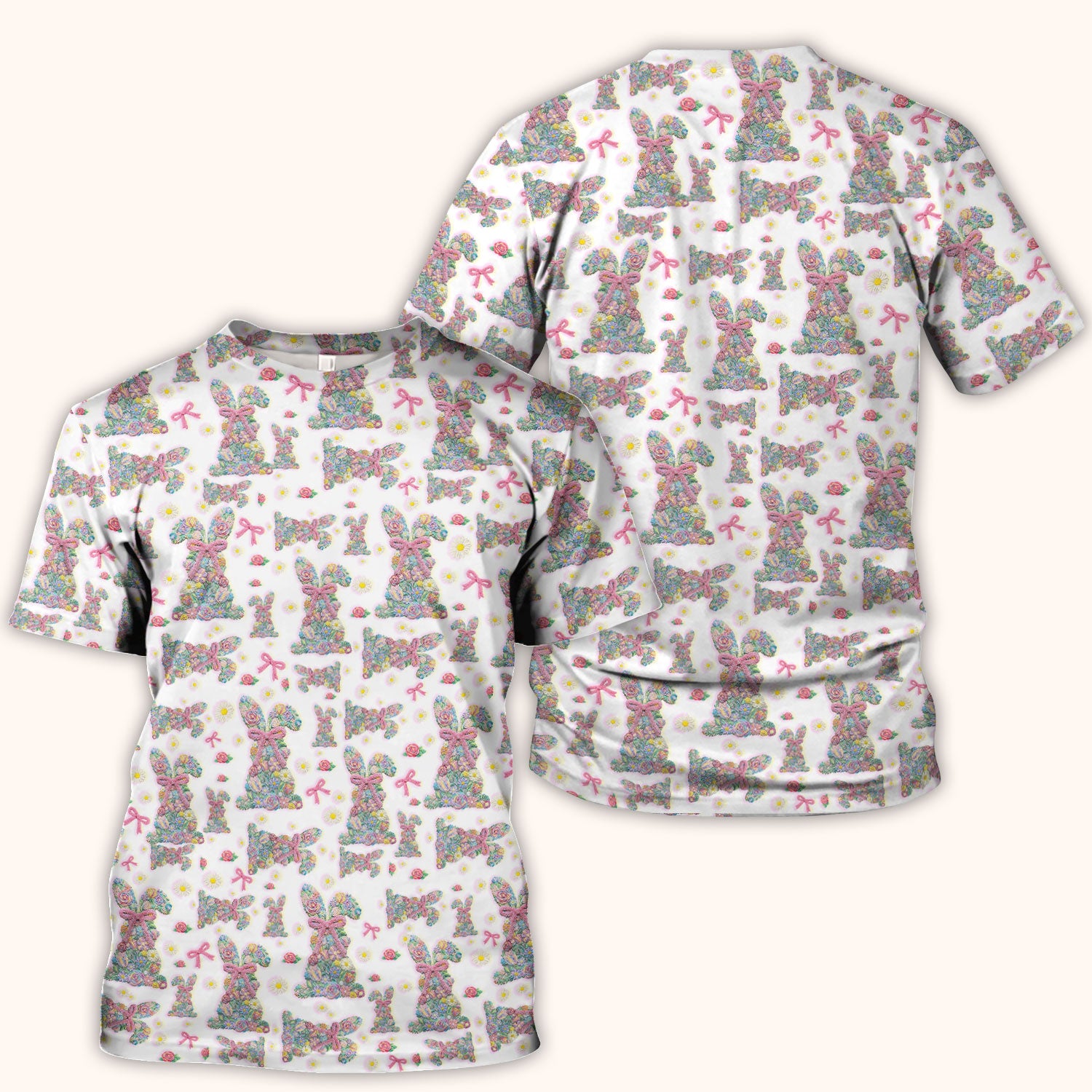 Colorful Floral Bunny with Pink Bow Pattern Scrub Top, Breathable Fabrics Nursing Uniform, Easter