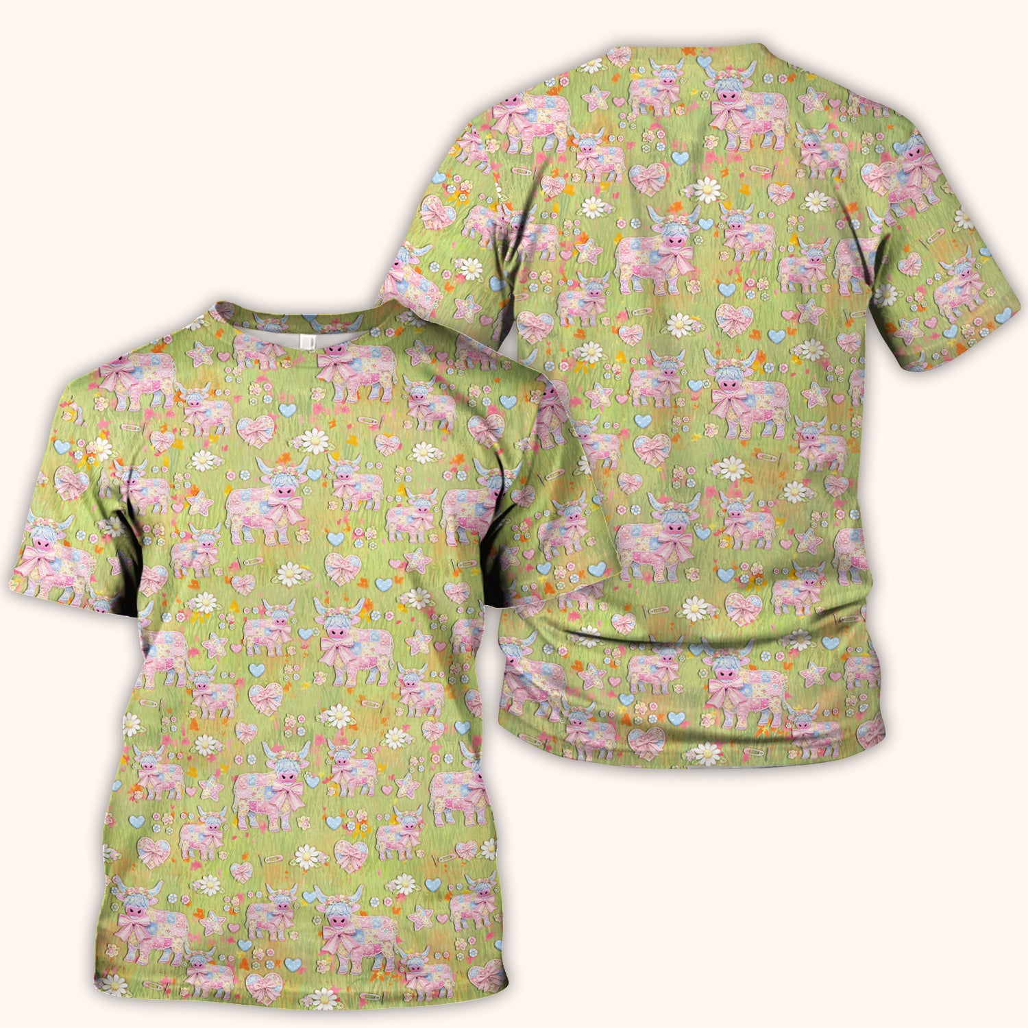 Cute Girly Cow Daisy Pastel Pattern Scrub Top, Comfortable Scrubs for Nurses