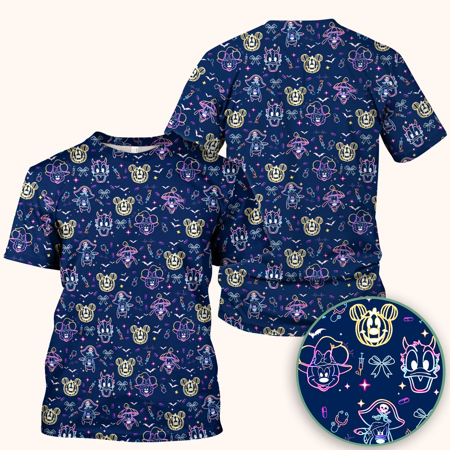 Neon Mouse Halloween Scrub Top for Nurses - Spooky Faces and Scary Pumpkin Shirt - Funny Med Uniform Gift for Women
