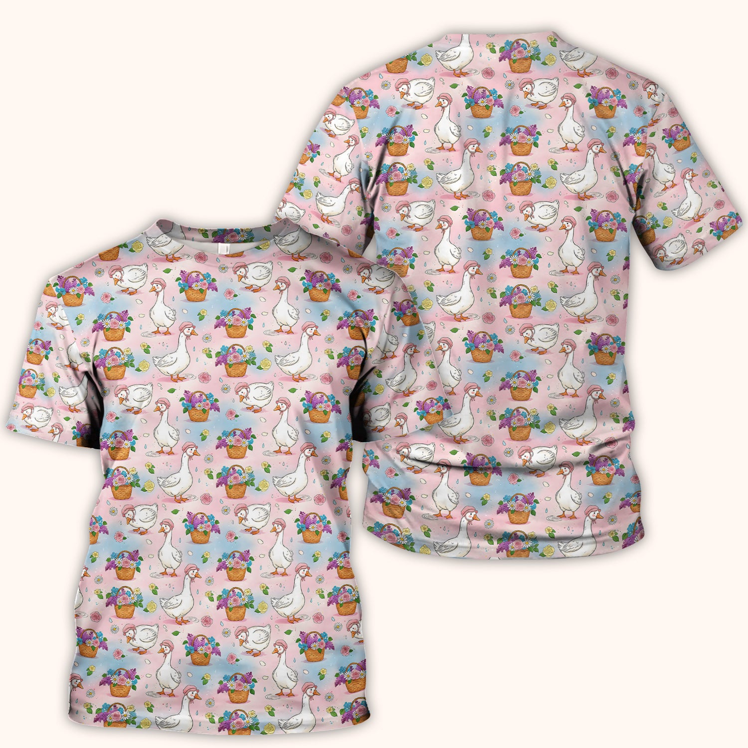 Cute Spring Goose Flower Basket Pattern Scrub Top, Comfortable Scrubs for Nurses