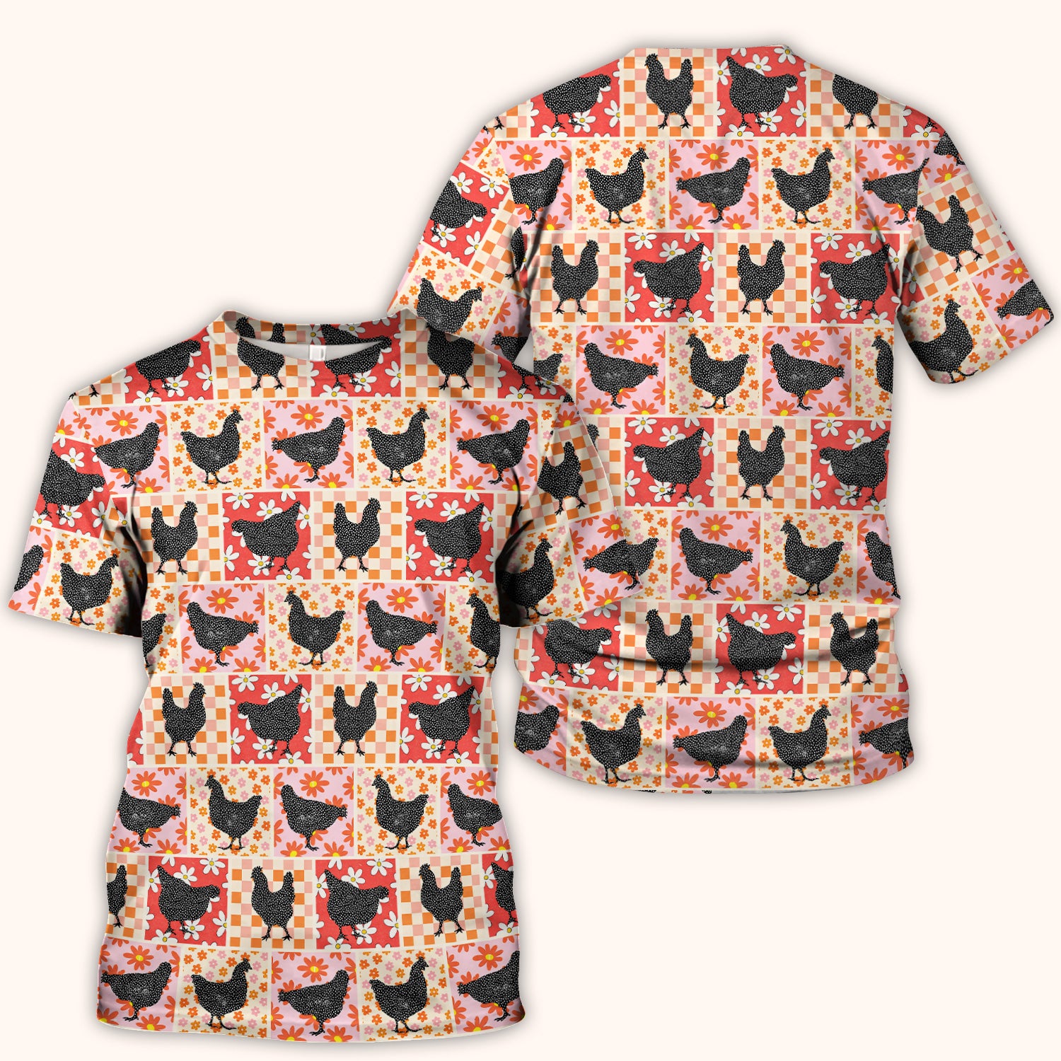 Charming Chicken Patchwork Floral Pattern Scrub Top, Comfortable Scrubs For Nurses