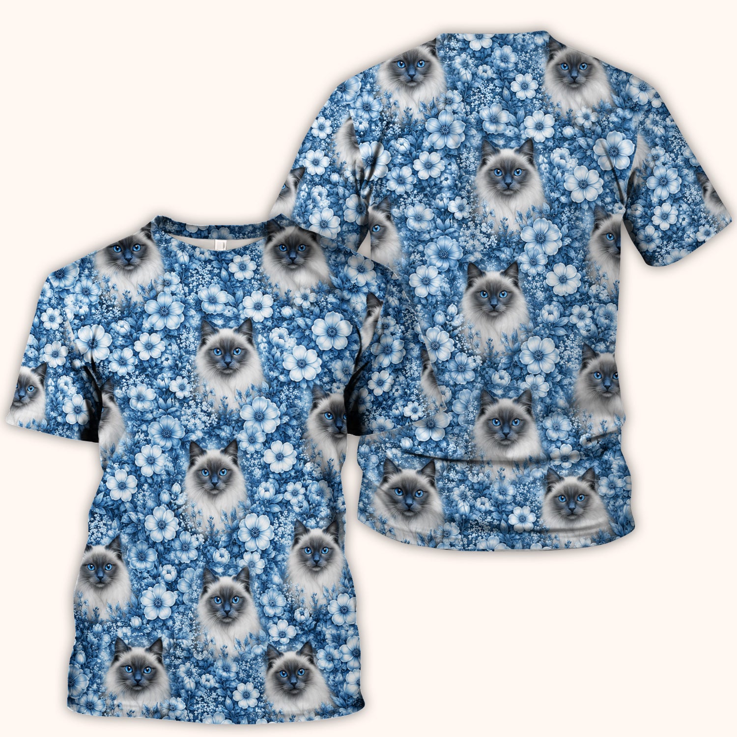 Blue Floral Ragdoll Cat Pattern Scrub Top, Comfortable Scrubs for Nurses