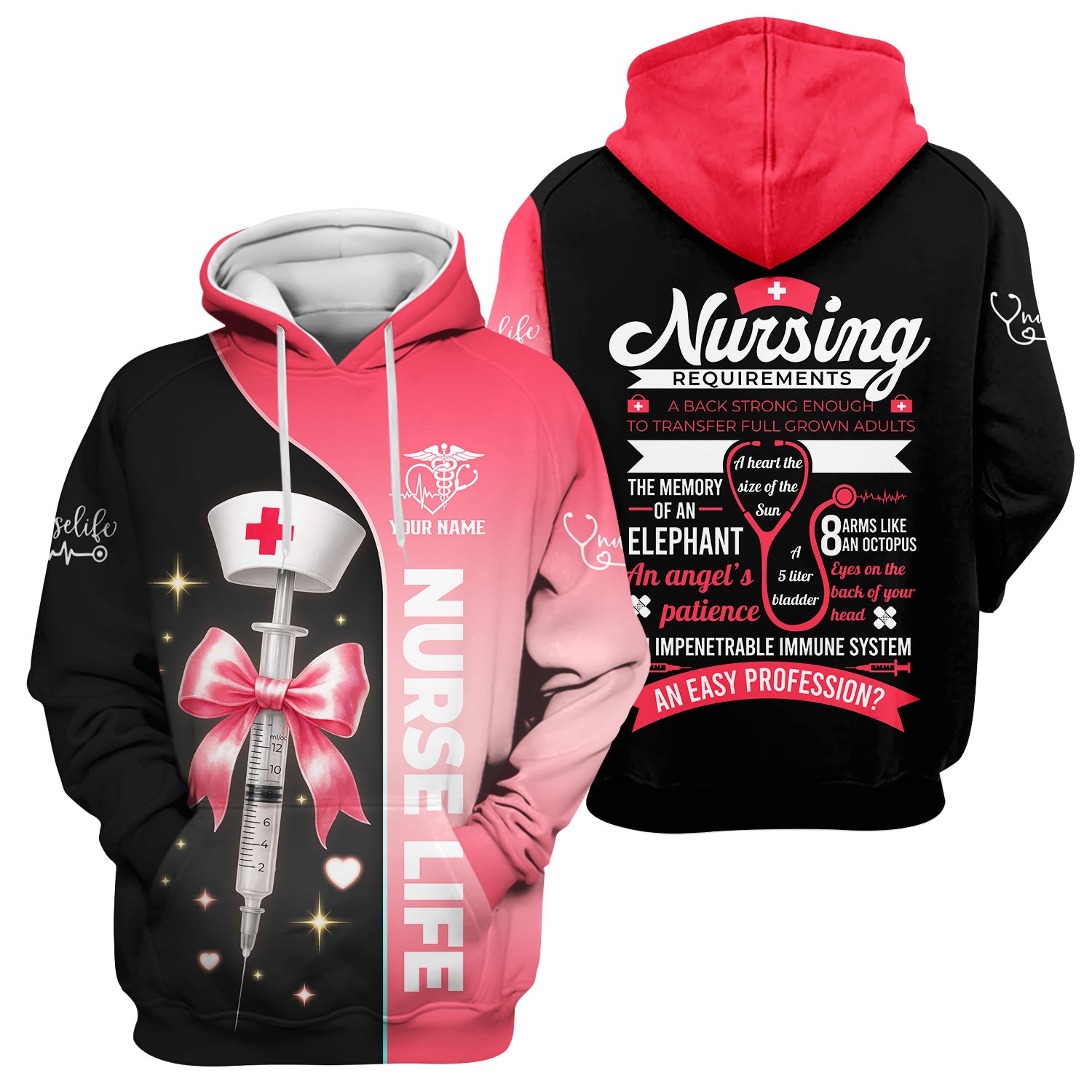 Personalized Nurse Life Scrubs for Women RN LPN CNA - Cute Pink and Black Syringe Bow Design - Funny Medical Quote Gift for Healthcare Workers in Nursing Field