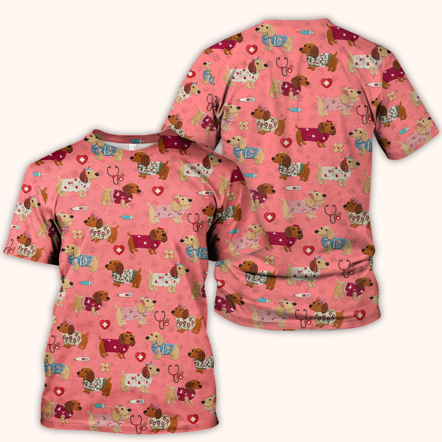 Cute Medical Wiener Dog Pattern Nurse Shirt, Dachshund Nursing Scrub Top, Breathable Fabrics Nursing Uniform