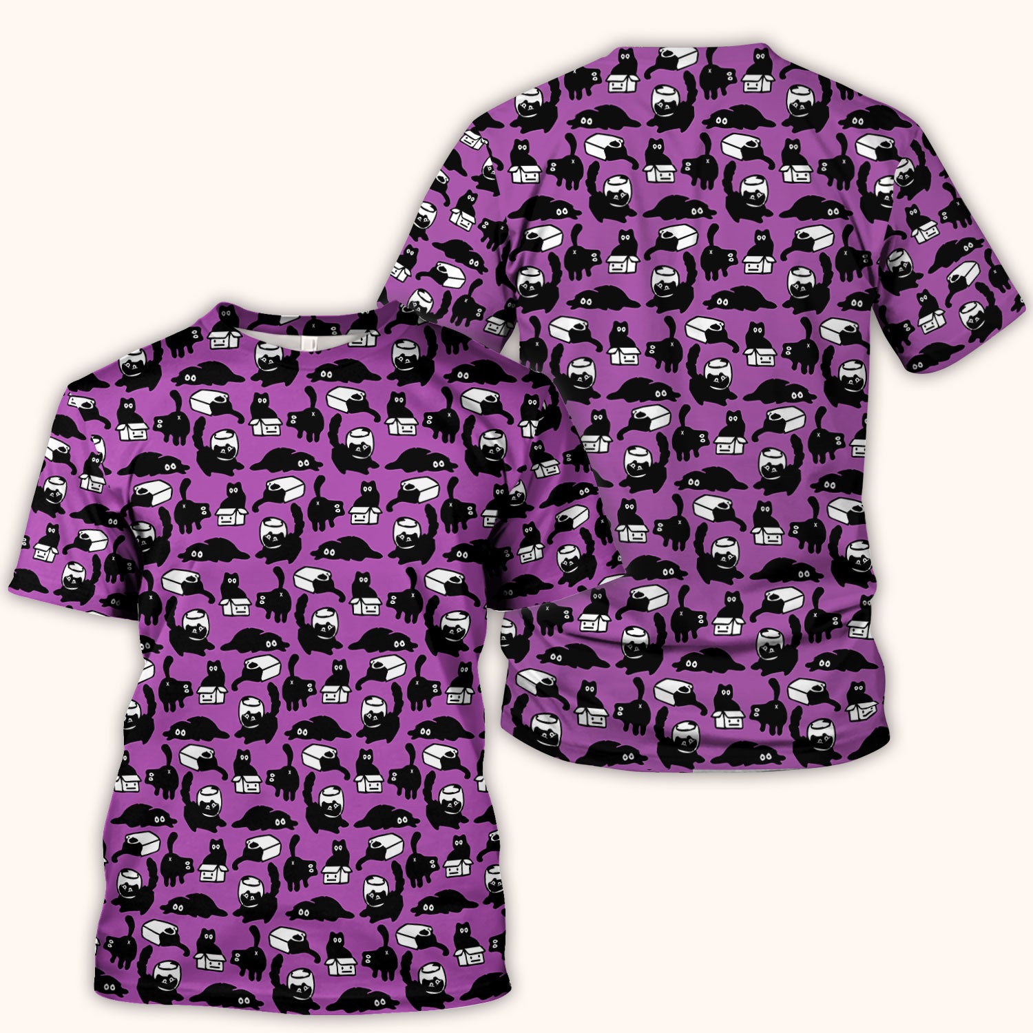 Dark Playful Cat Cartoon Pattern Scrub Top, Comfortable Scrubs for Nurses