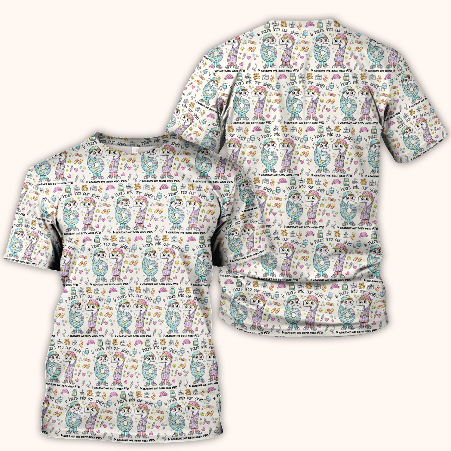 Cartoon Characters Six Hours Into Shift With Medical Doodle Scrub Top, Breathable Fabrics Nursing Uniform