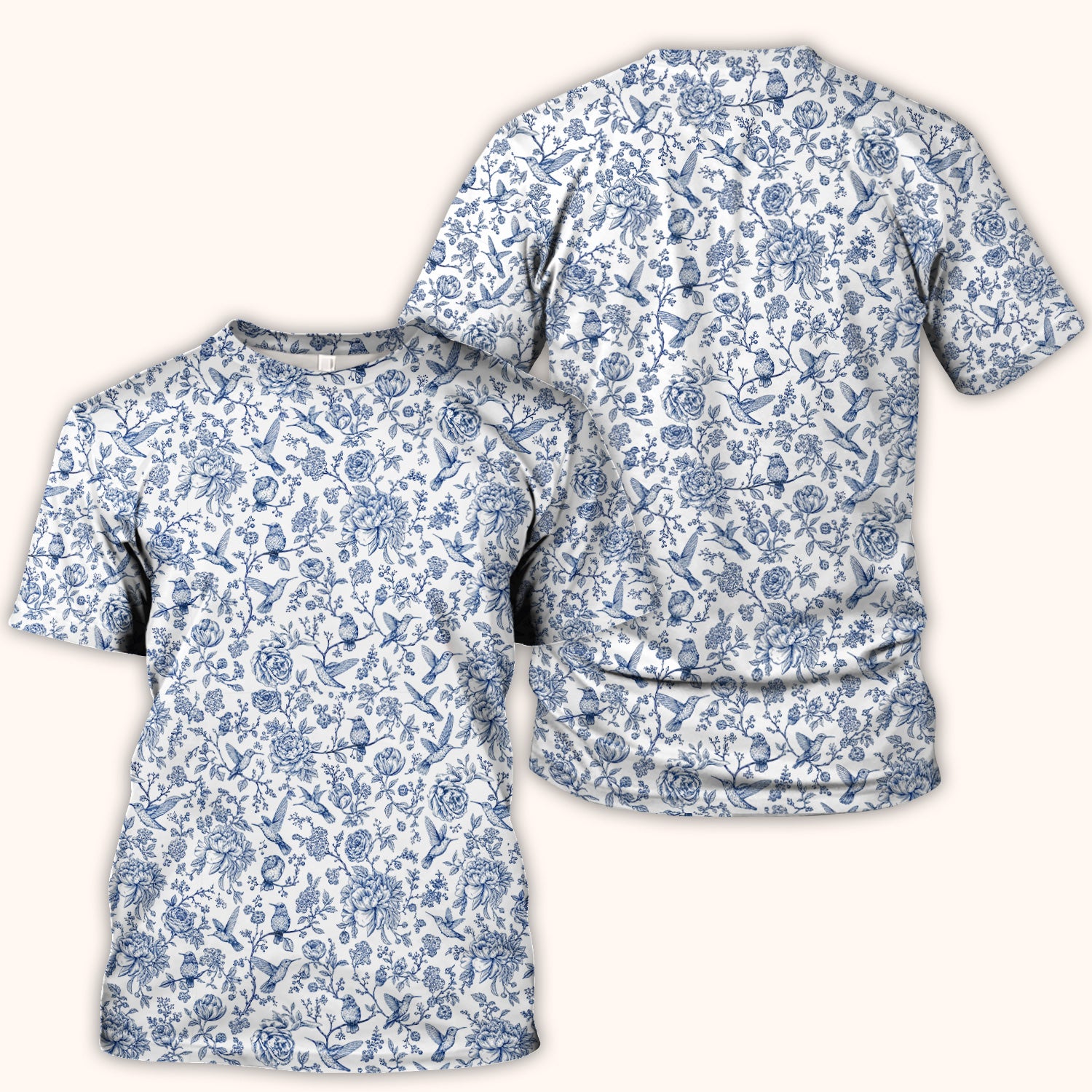 Blue Toile Hummingbird Floral Pattern Scrub Top, Comfortable Scrubs for Nurses