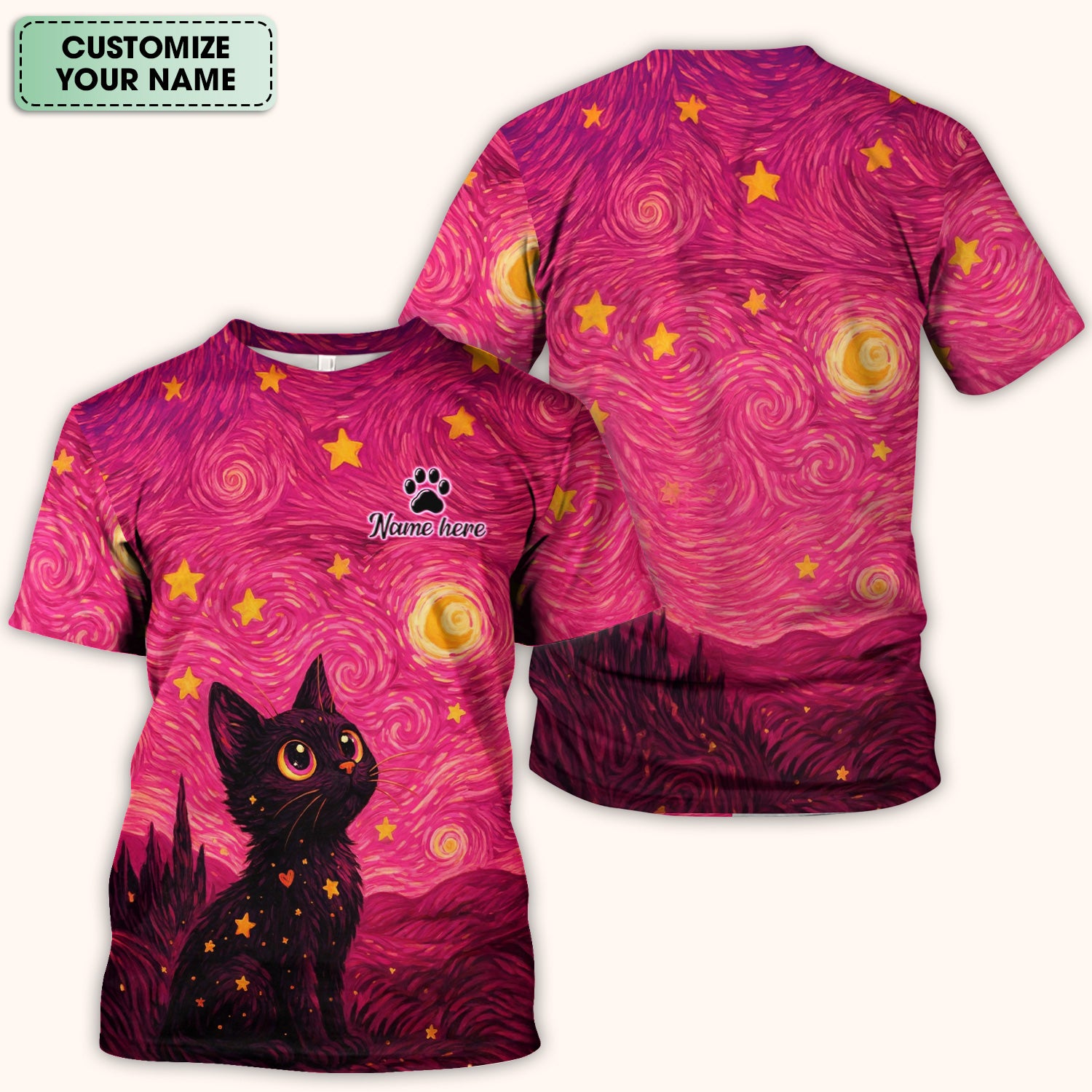 Personalized Black Cat Galaxy Star Swirl Pattern Scrub Top, Comfortable Scrubs for Nurses