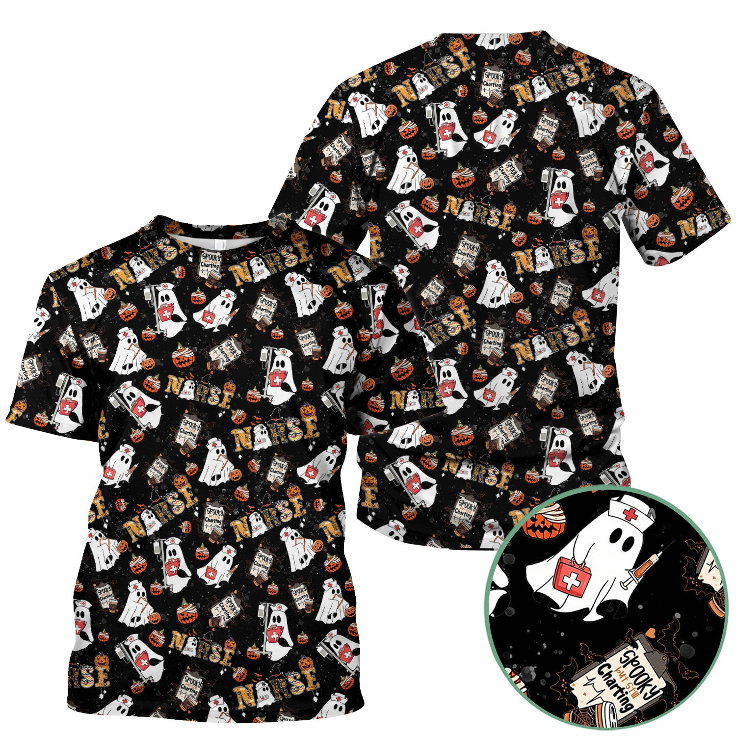 Spooky But Still Charting Halloween Scrub Top - Comfortable Scrubs for Nurses - Funny Boo Pumpkin Nursing Uniform