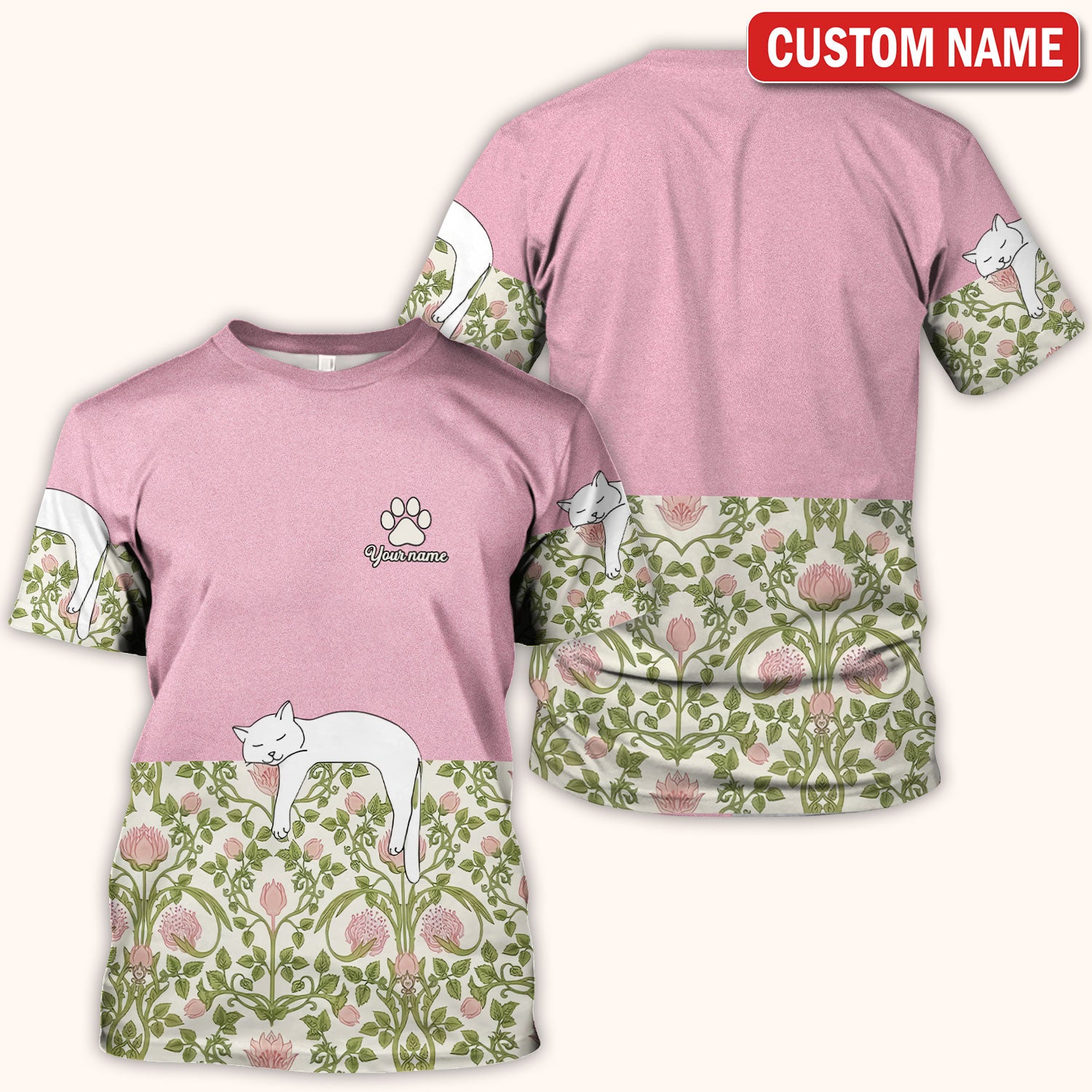 Personalized Cat Nurse Scrub Top, Custom Name Floral Scrub Shirt For Women, Breathable Fabrics Nursing Uniform