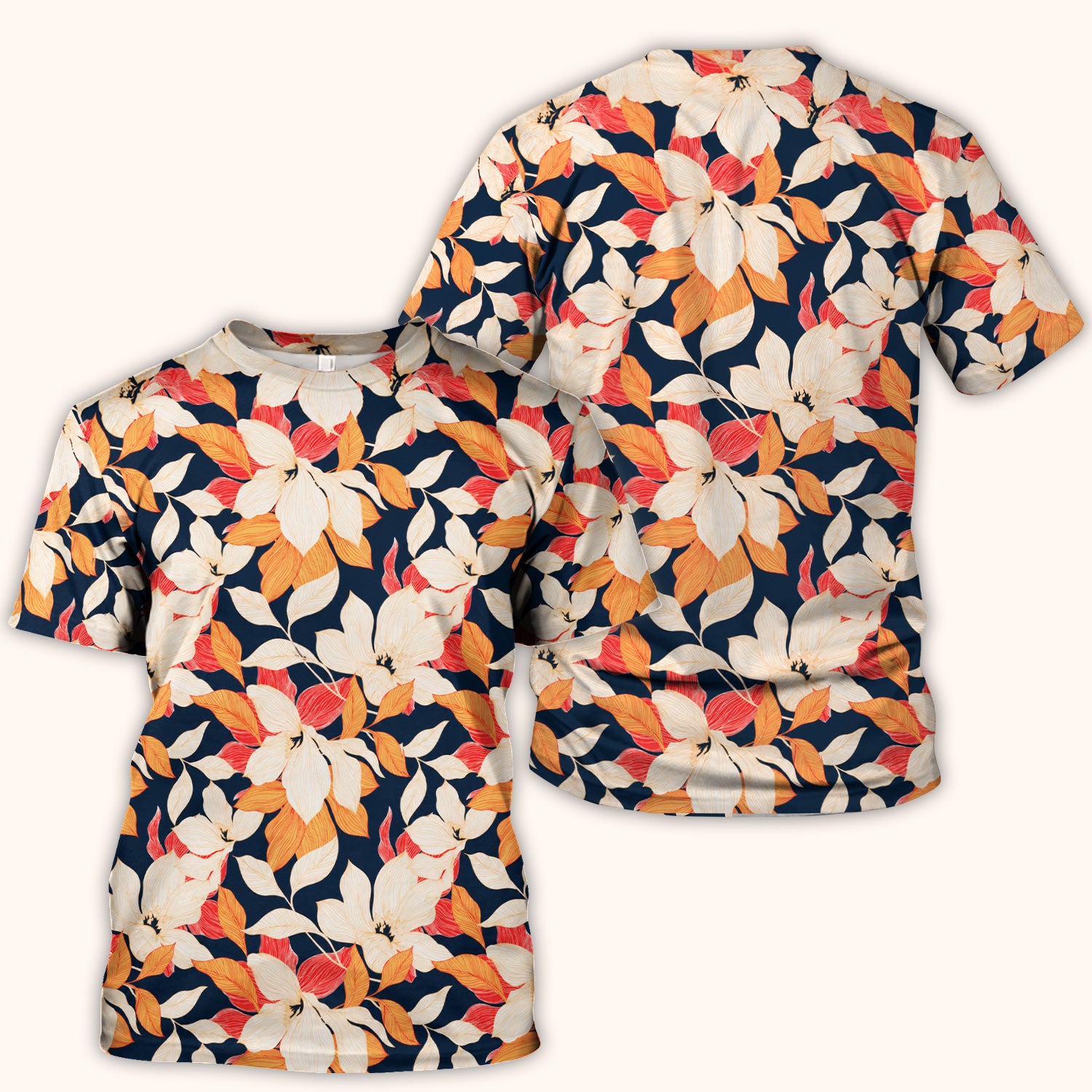 Elegant Ivory Lily Leaves Pattern Scrub Top, Comfortable Scrubs for Nurses