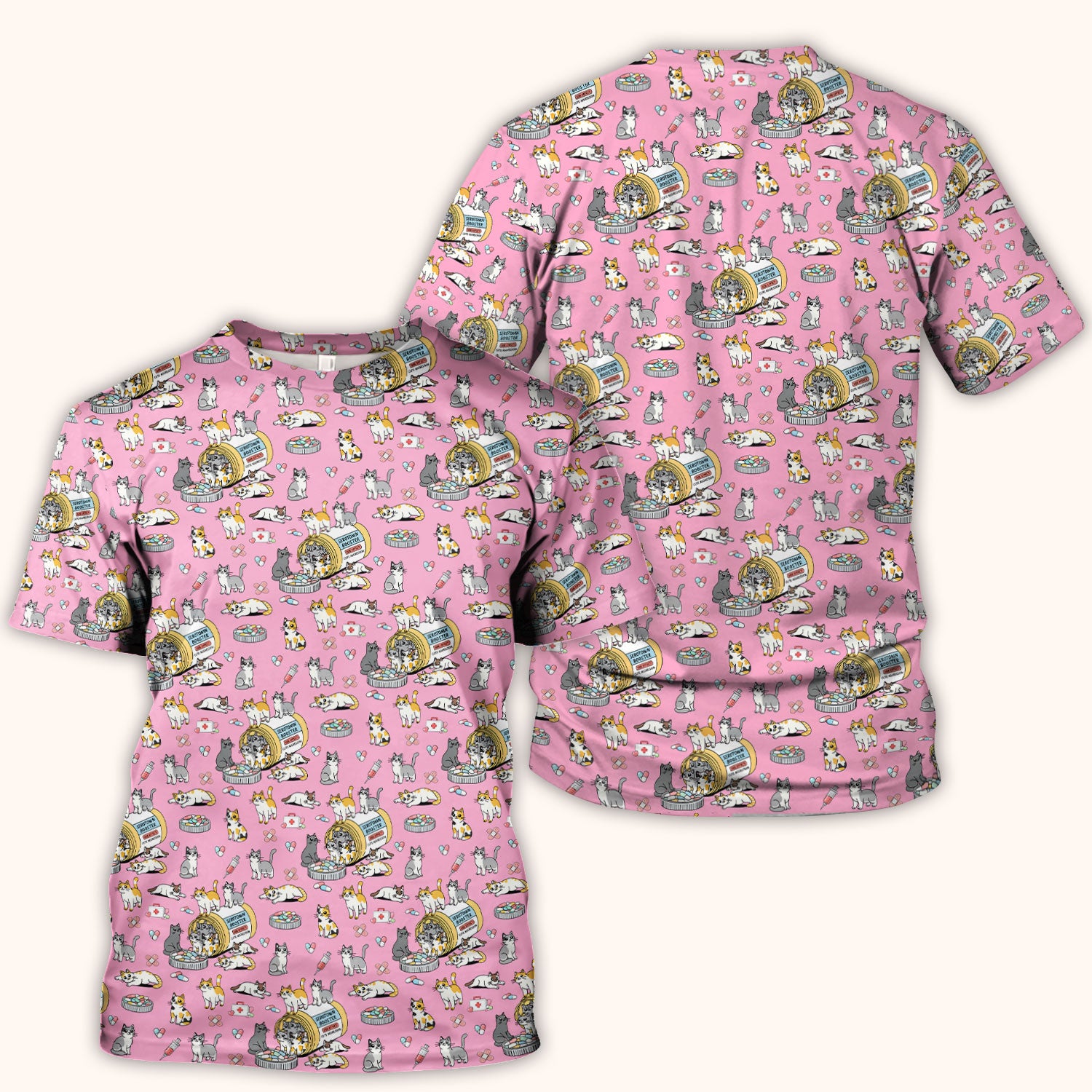 Cute Cat Serotonin Booster Pattern Scrub Top, Comfortable Scrubs for Nurses