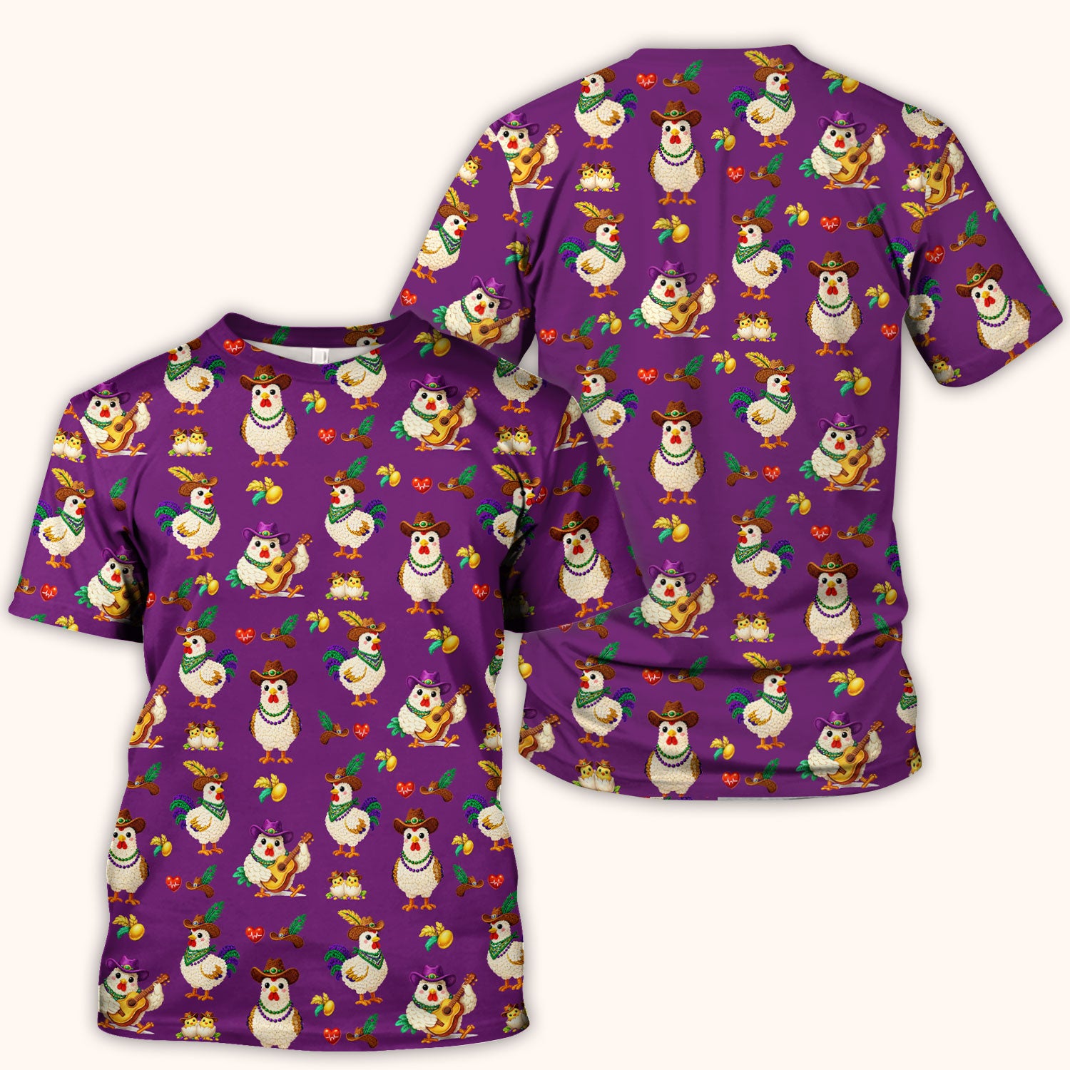 Funny Mardi Gras Rooster Cowboy Print Scrub Top, Comfortable Scrubs for Nurses