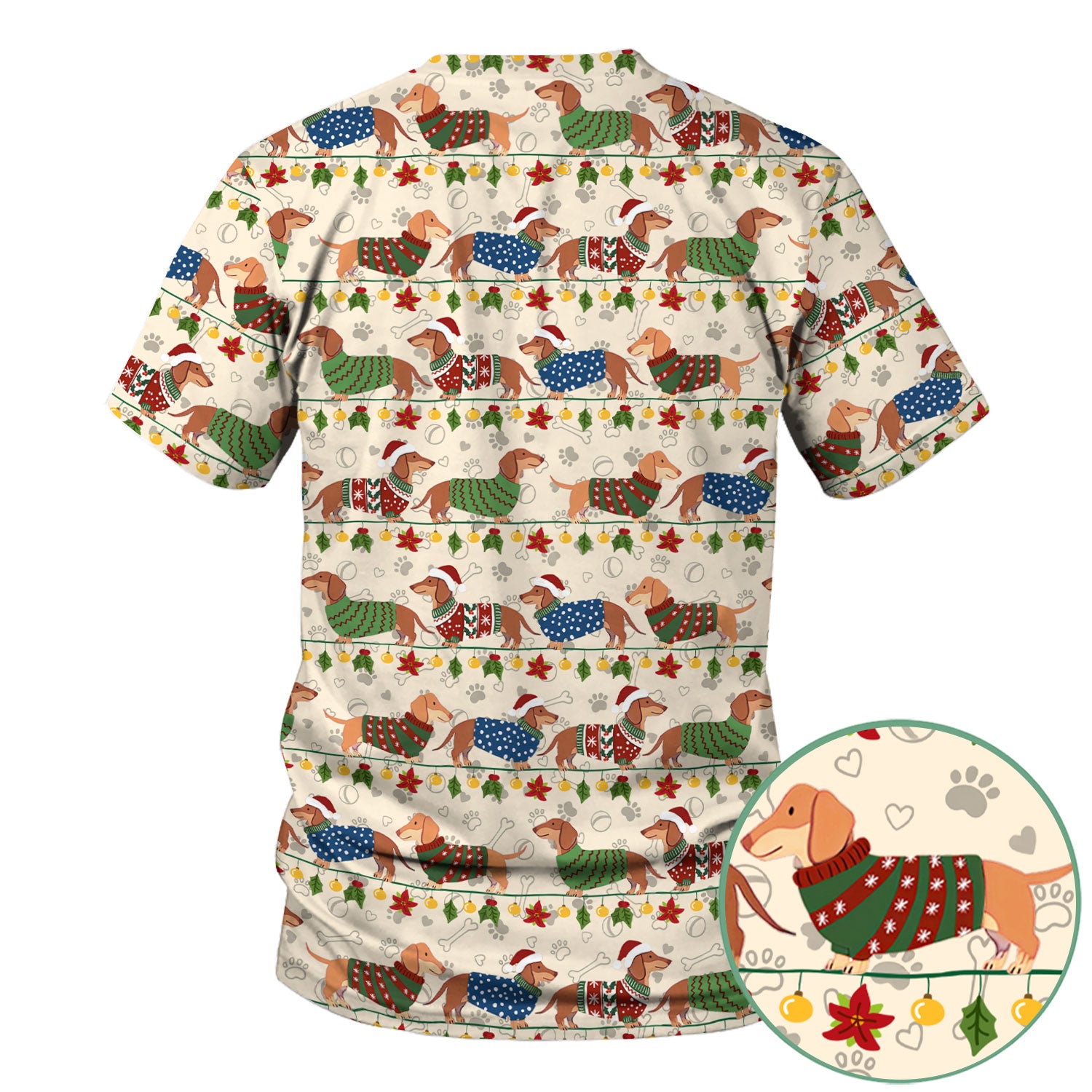 Christmas Dachshund Scrub Top - Cute Dog Print Scrubs for Women, Men Multi Color - Holiday Scrub Shirt Gift for Nurse, CNA, RN, Doctor