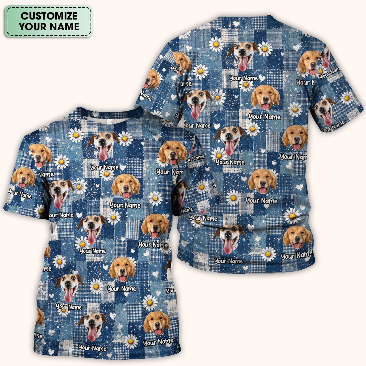 Personalized Cute Dog Portrait On Blue Patchwork Daisy Pattern Scrub Top, Comfortable Scrubs for Nurses