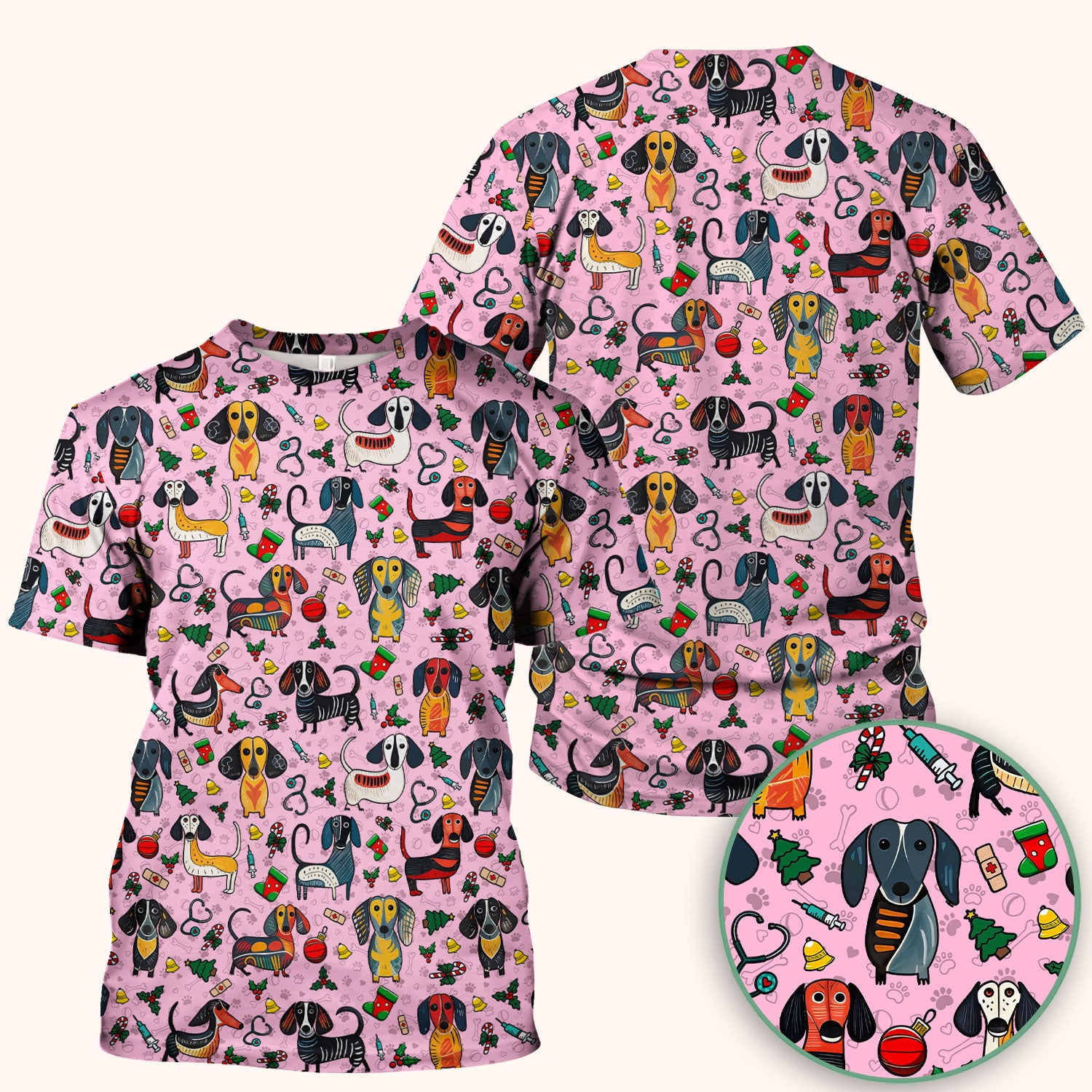 Christmas Wiener Dog Scrub Top - Funny Sausage Dog Nurse Shirt for Women - Holiday Medical Uniform