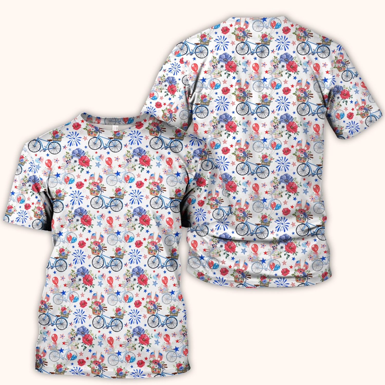 Patriotic Bicycle Floral Fireworks Print Scrub Top, Comfortable Scrubs for Nurses