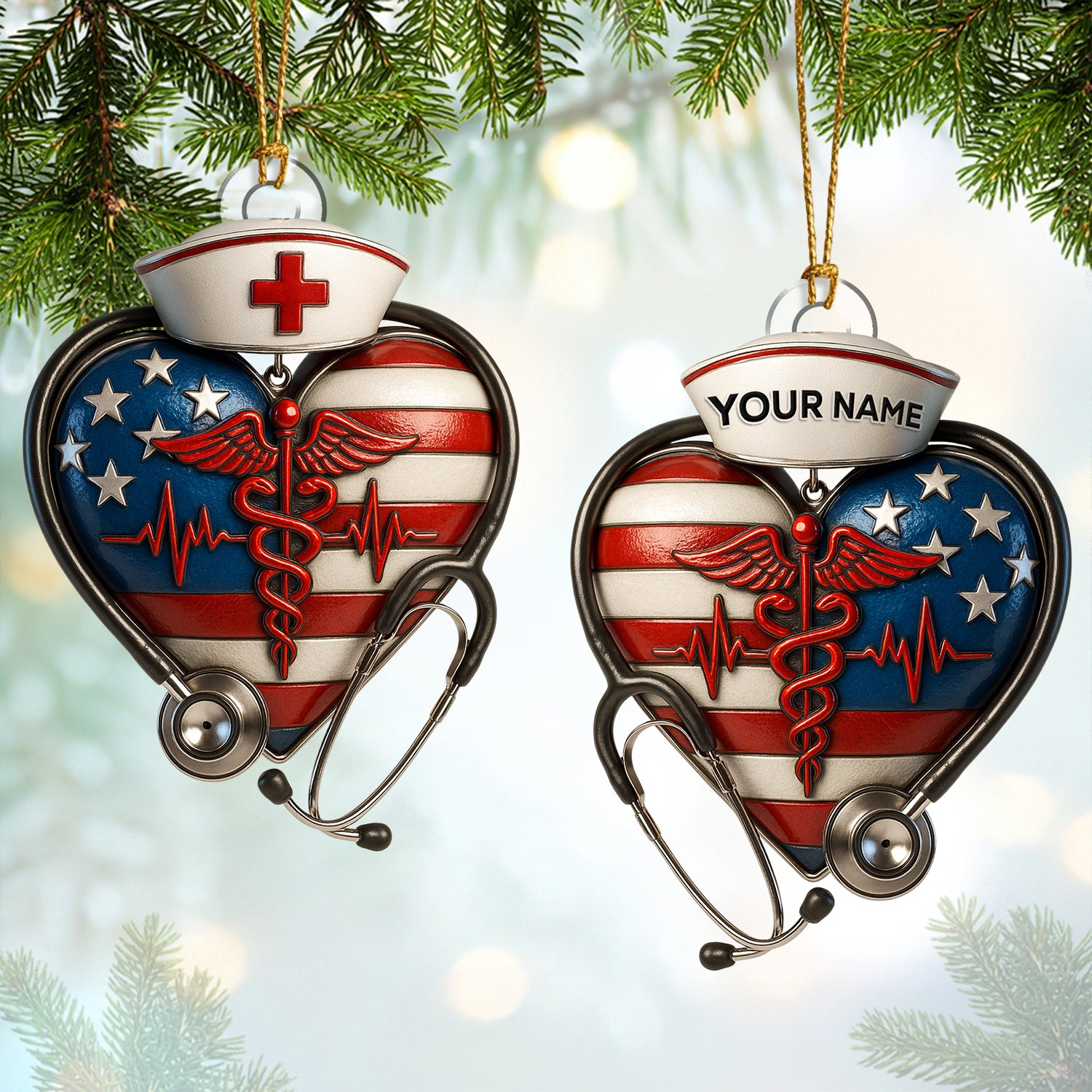 Personalized Nurse Heart Ornament, Custom Name USA Flag Medical Ornament, Healthcare Worker Christmas Tree Decor, Nurse & Doctor Holiday Gift