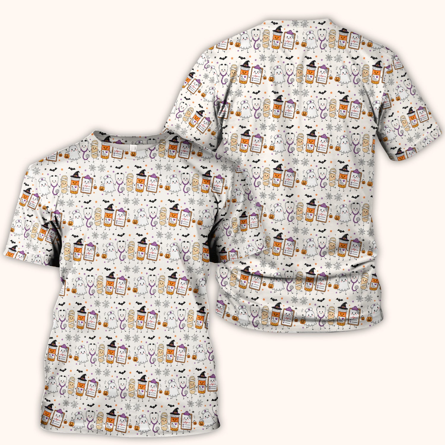 Halloween Medical Characters Print Scrub Top, Comfortable Scrubs for Nurses