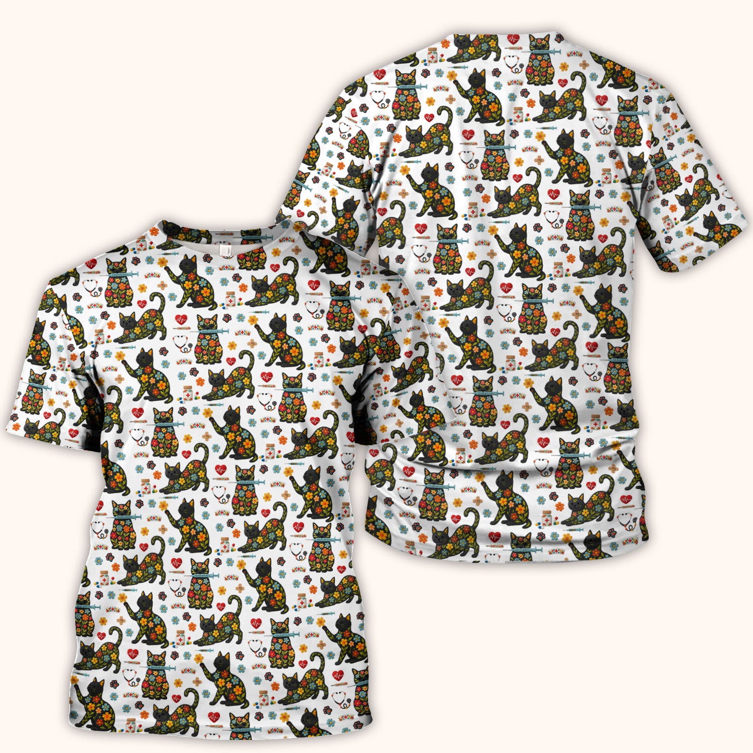 Floral Black Cat Pattern Scrub Top, Cute Cat Nurse Scrub Shirt, Medical Nursing Uniform