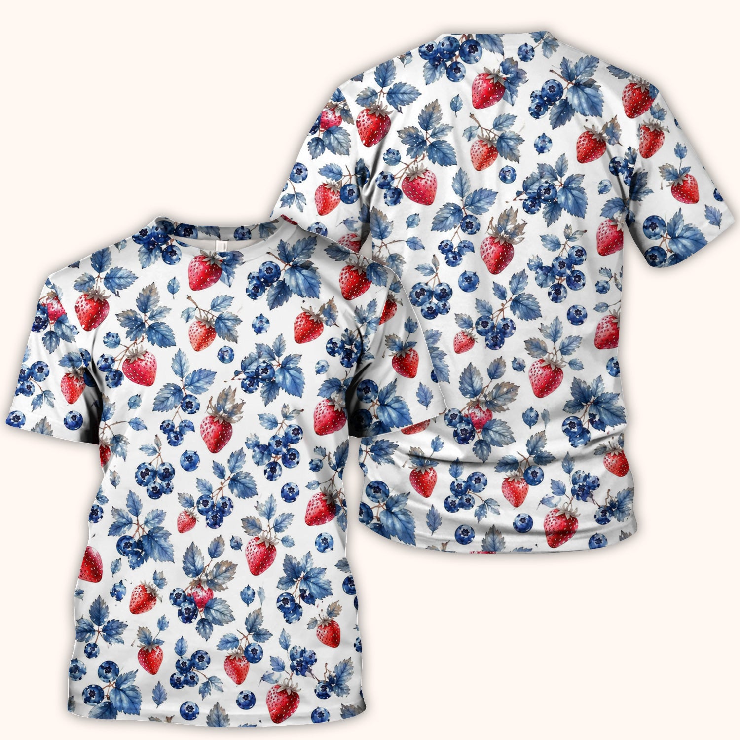 Cute Strawberry & Blueberry Leaf Pattern Scrub Top, Comfortable Scrubs for Nurses