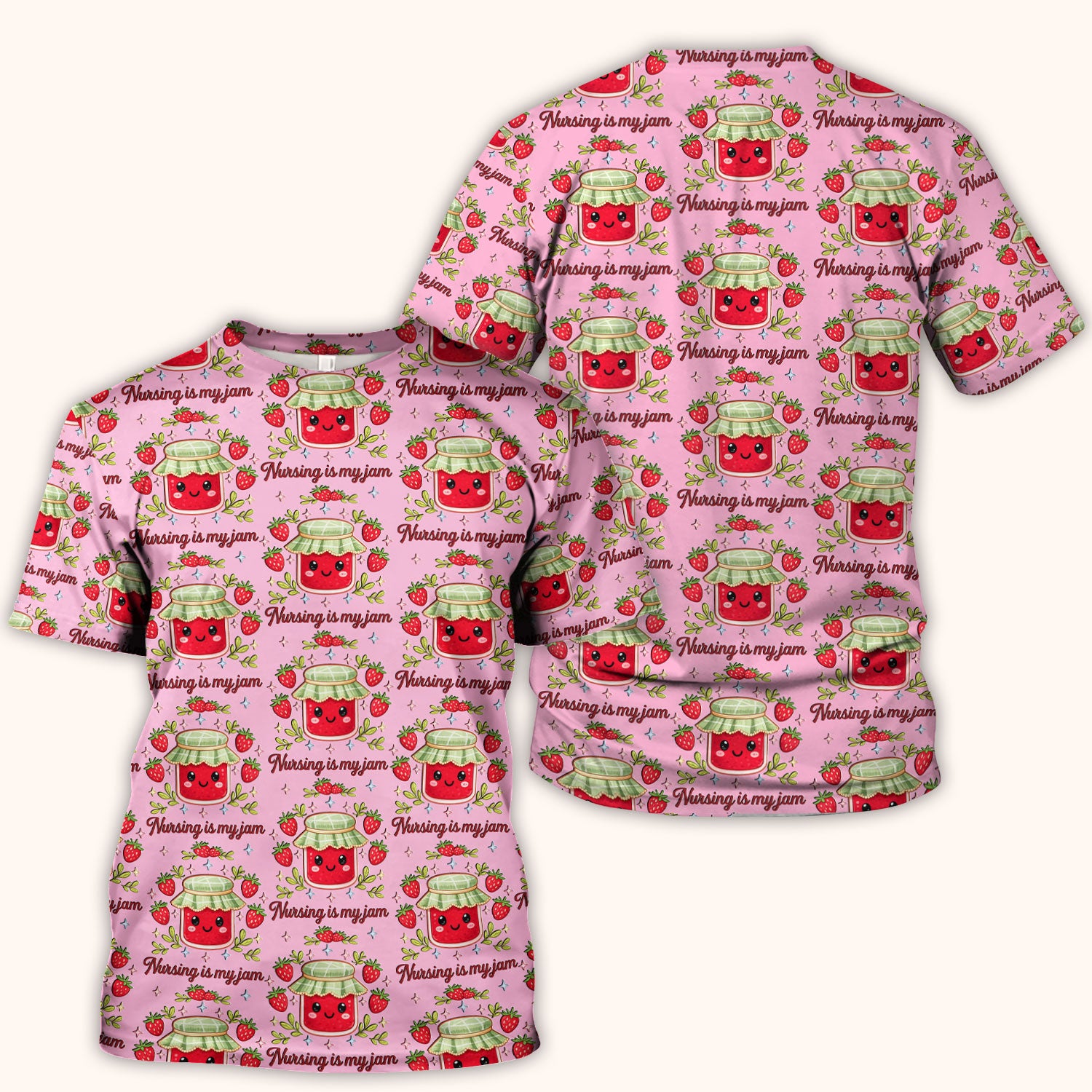 Cute Strawberry Jam Nurse Pattern Scrub Top, Breathable Fabrics Nursing Uniform
