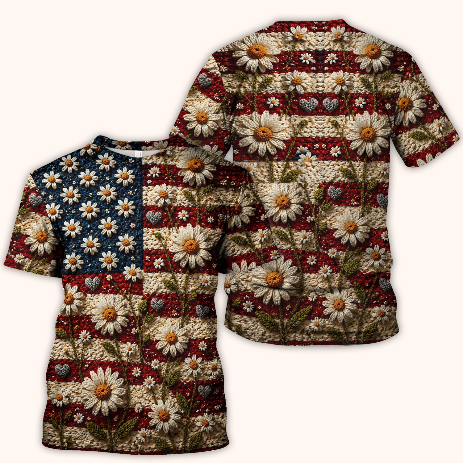 American Flag Daisy Floral Knit Texture Pattern Scrub Top, Breathable Fabrics Nursing Uniform
