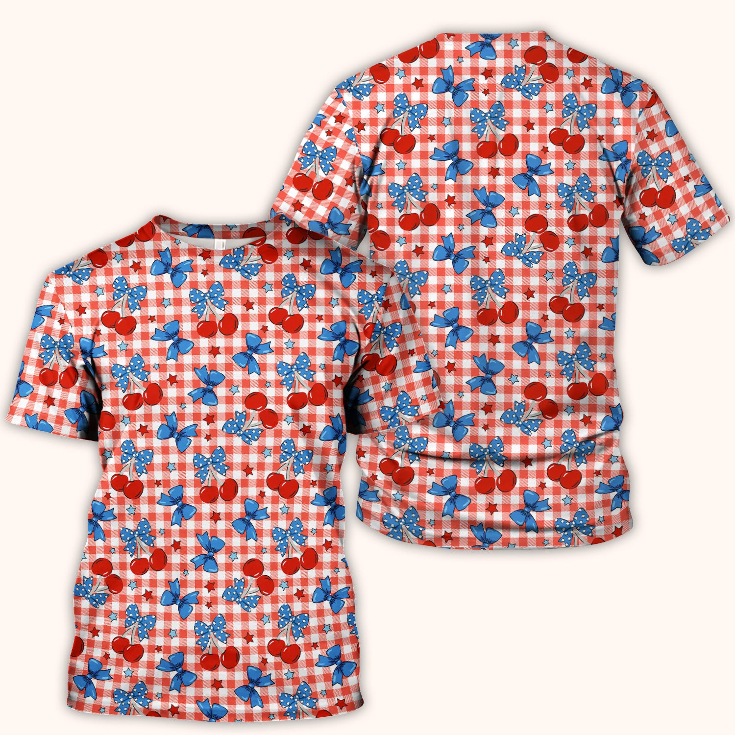 Cute Patriotic Cherry Bow Checkered Pattern Scrub Top, Comfortable Scrubs for Nurses