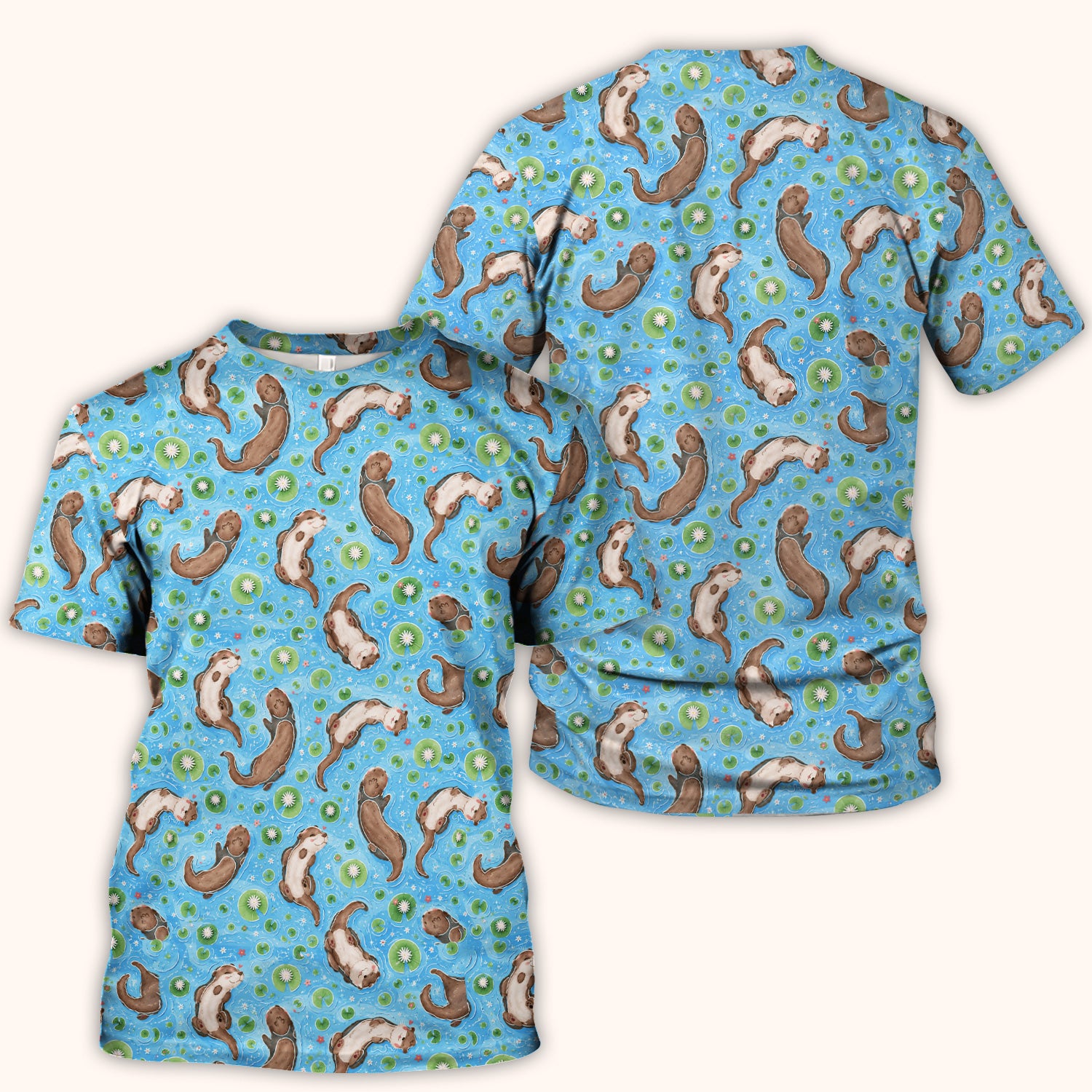 Cute Otter Lily Pond Nurse Print Scrub Top, Comfortable Scrubs for Nurses