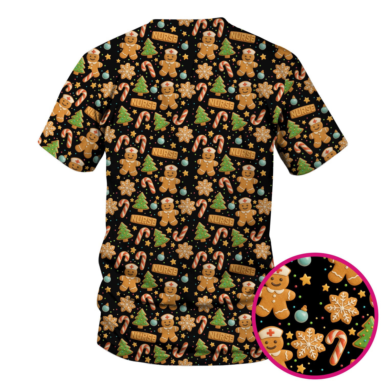 Gingerbread Scrubs Christmas Edition - Cute Cookie Pattern Medical Scrub Top for Women - Holiday Christmas Scrubs with Fun Festive Print