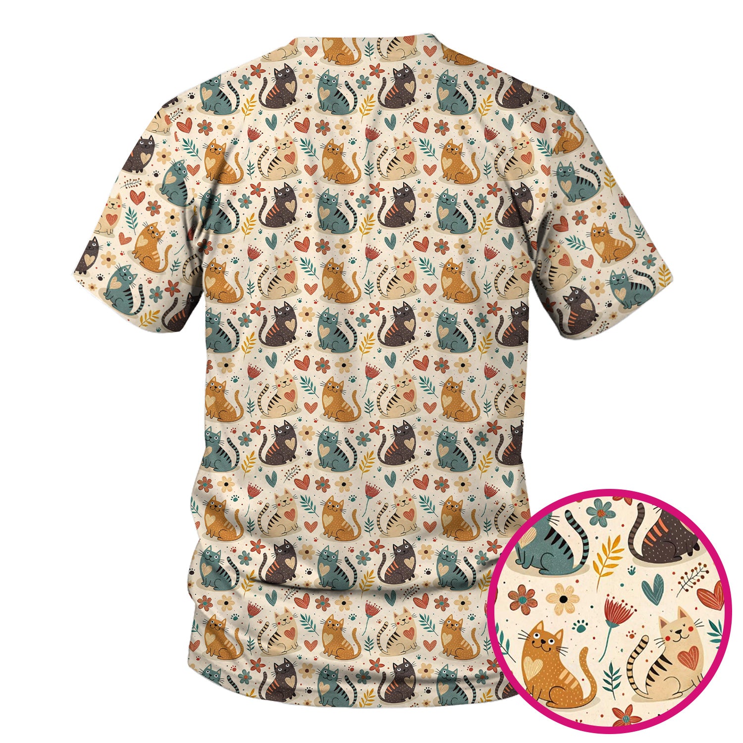 Cute Cat Print V Neck Scrub Top for Nurses, Floral Medical Uniform