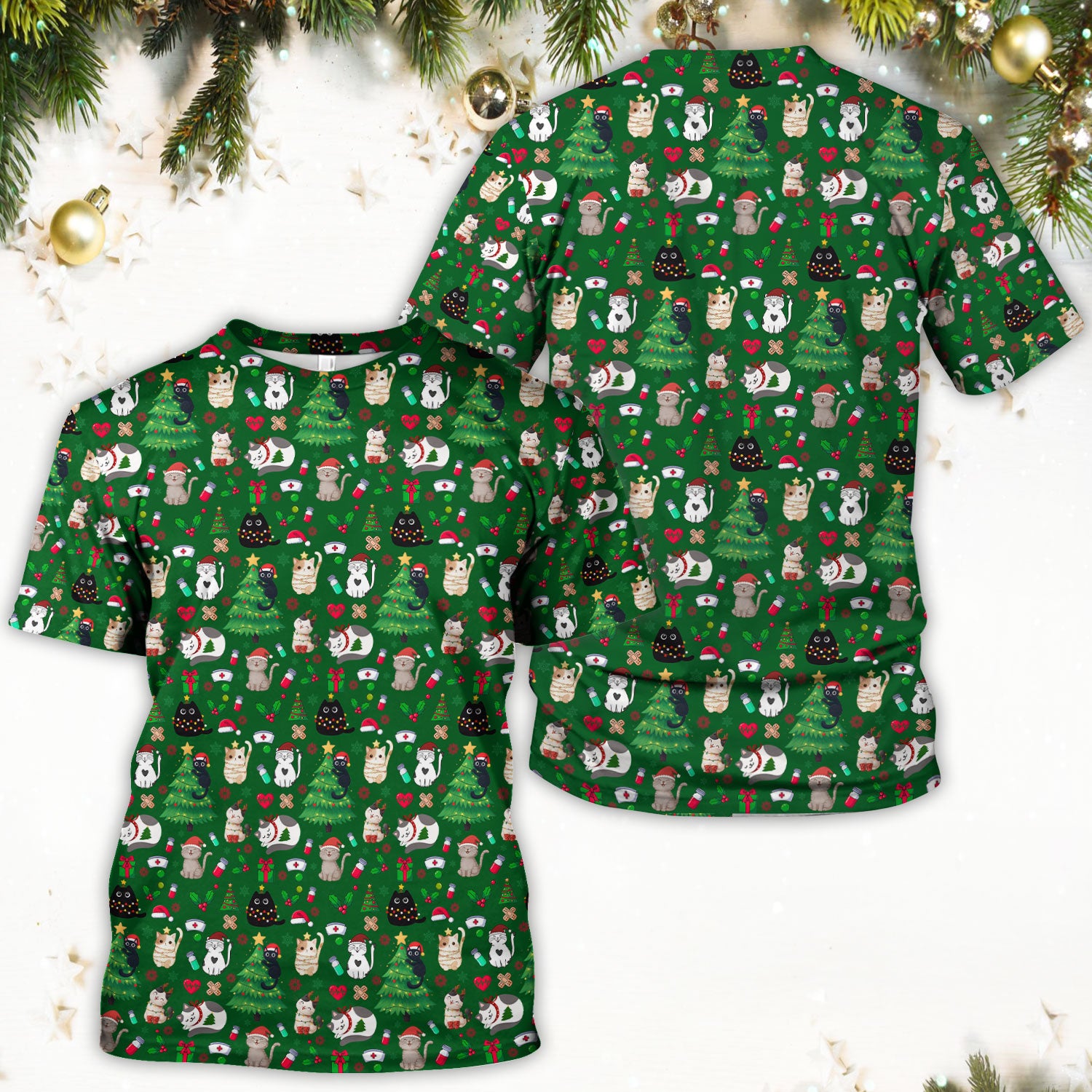 Christmas Cat Scrub Top, Xmas Pet Pattern Scrub Shirt, Breathable Fabrics Nursing Uniform