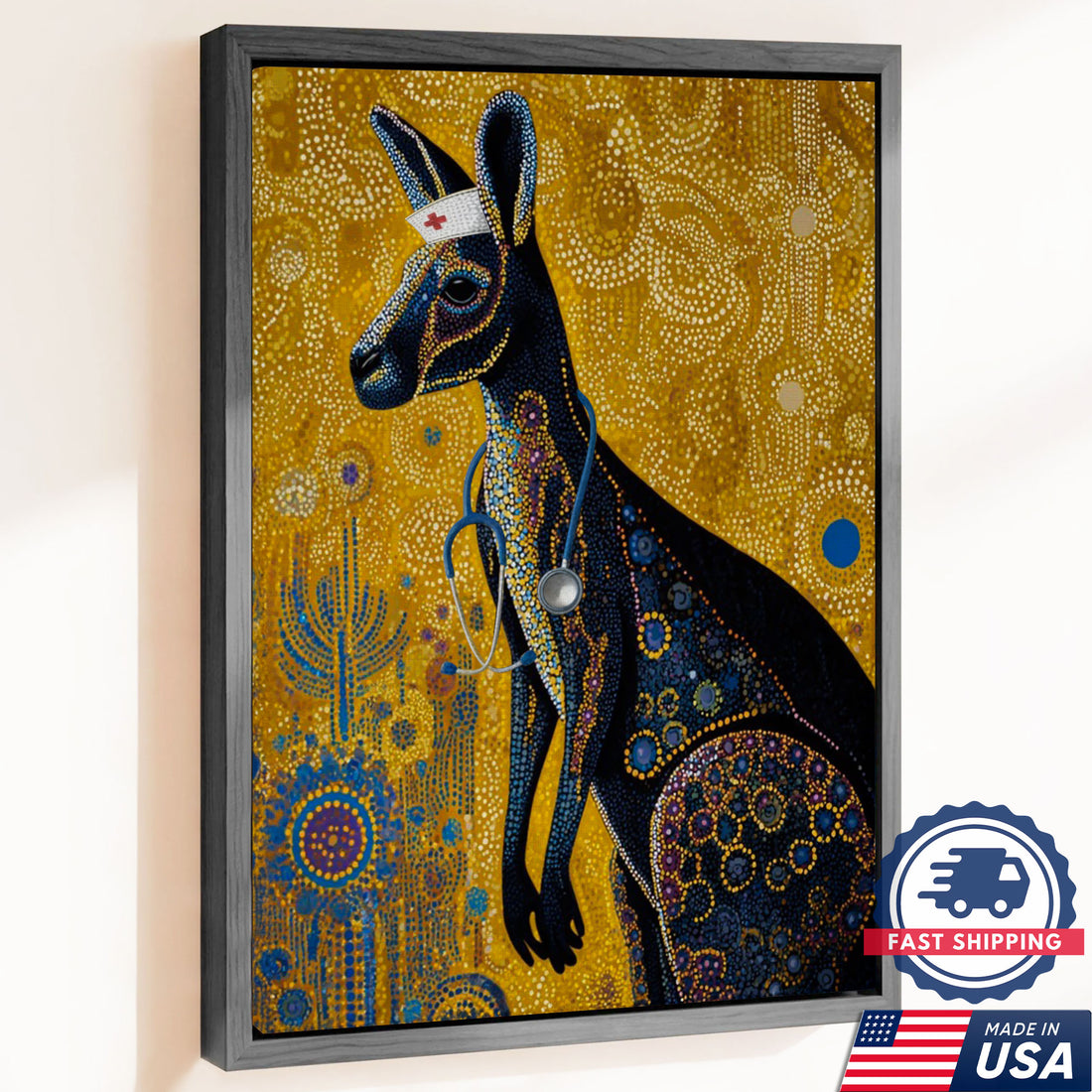 Aboriginal Style Kangaroo Canvas, Kangaroo Nurse Dot Art Poster, Australian Wildlife Decor For Nursing